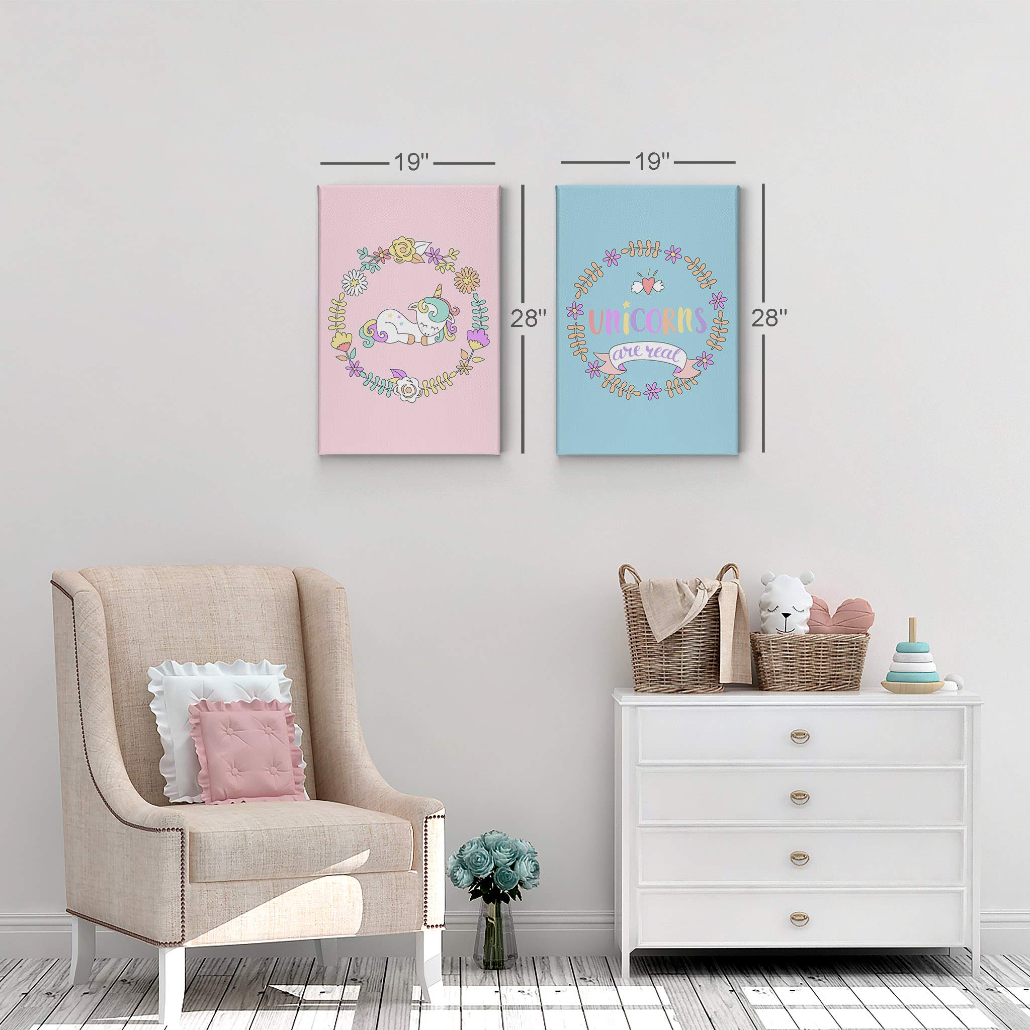 Cute Unicorn Wall Art Decor - 2 Panel Canvas Print Set for Kids Room, Nursery, Baby Room - Pink & Blue Background - Handmade in USA - Ready to Hang (22x15 Inches x2) - Perfect for Birthday Gifts, Baby Showers & Children's Bedroom Decor