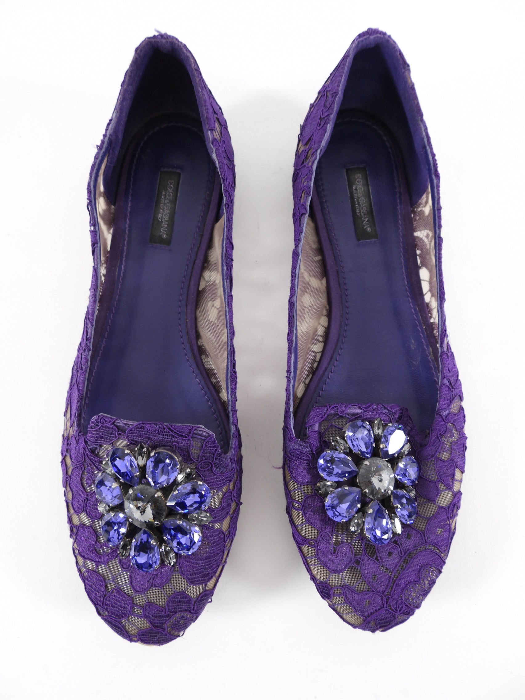 Dolce & Gabbana Women's Purple Lace Crystal Embellished Ballet Flats Size 40 - Elegant Evening Shoes for Weddings & Parties