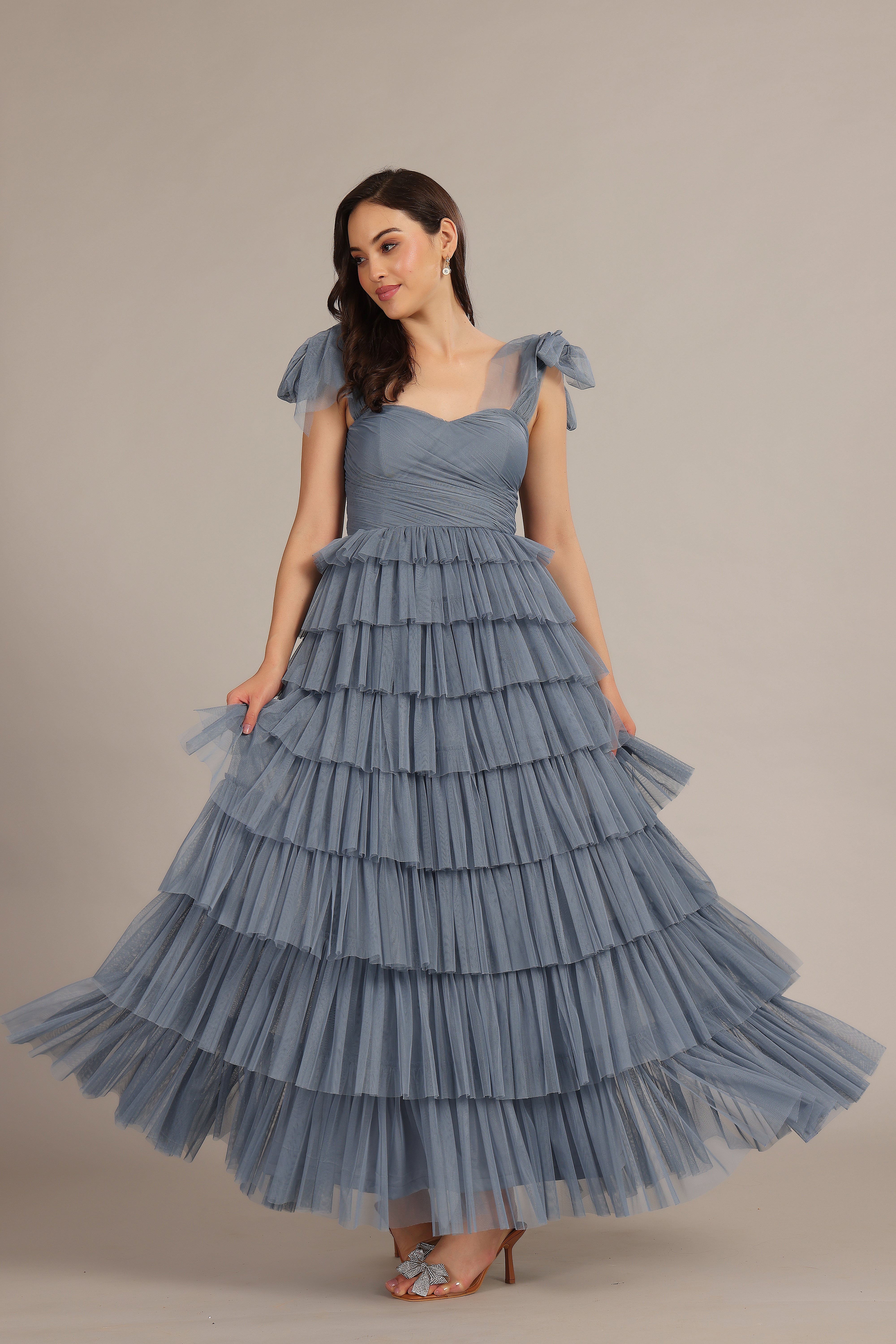 Ophelia Dusty Blue Maxi Dress with Tie Detail - Elegant Flowy Long Dress for Women, Perfect for Weddings, Beach Vacations & Summer Parties
