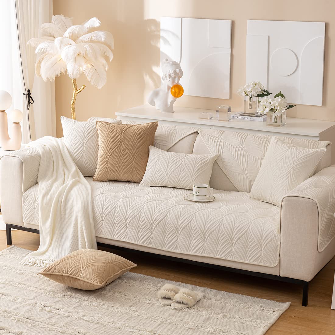 Vctops Super Soft Velvet Quilted Sofa Cover - Non-Slip Sectional Couch Slipcover with Leaf Pattern, Plush Furniture Protector for Pets & Kids (Cream, 28