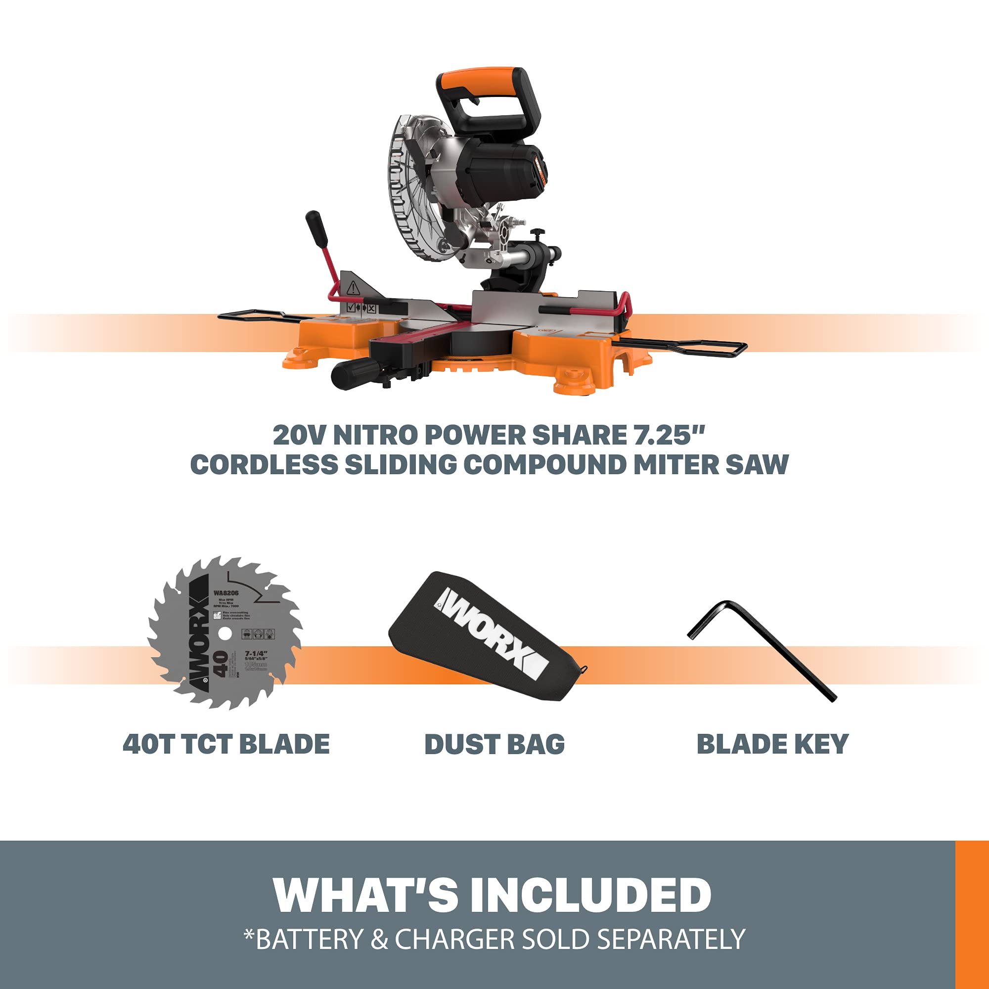 Worx 20V Cordless Sliding Miter Saw - Tool Only - Perfect for Woodworking, DIY Projects & Construction Work