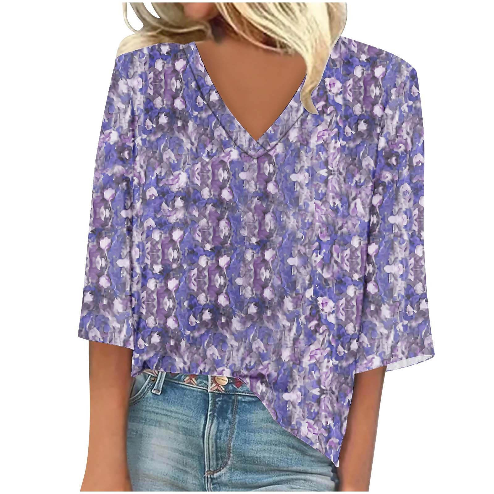 Women's Trendy 3/4 Sleeve V-Neck Boho Floral Print Tunic Top - Loose Casual Summer Blouse for Fall Fashion | Perfect for Beach Outings, Date Nights & Office Wear