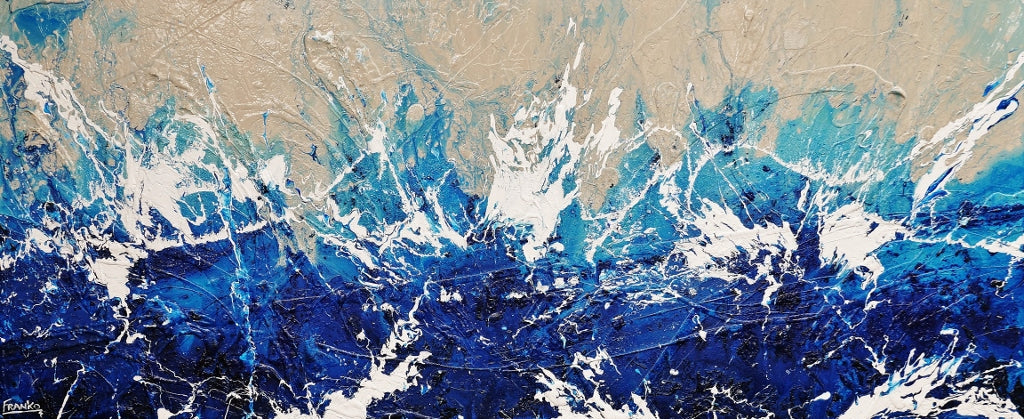 Oceanic Blue 240cm x 100cm Textured Abstract Wall Art Painting - Modern Cream & Blue Canvas for Living Room, Bedroom, Office Decor