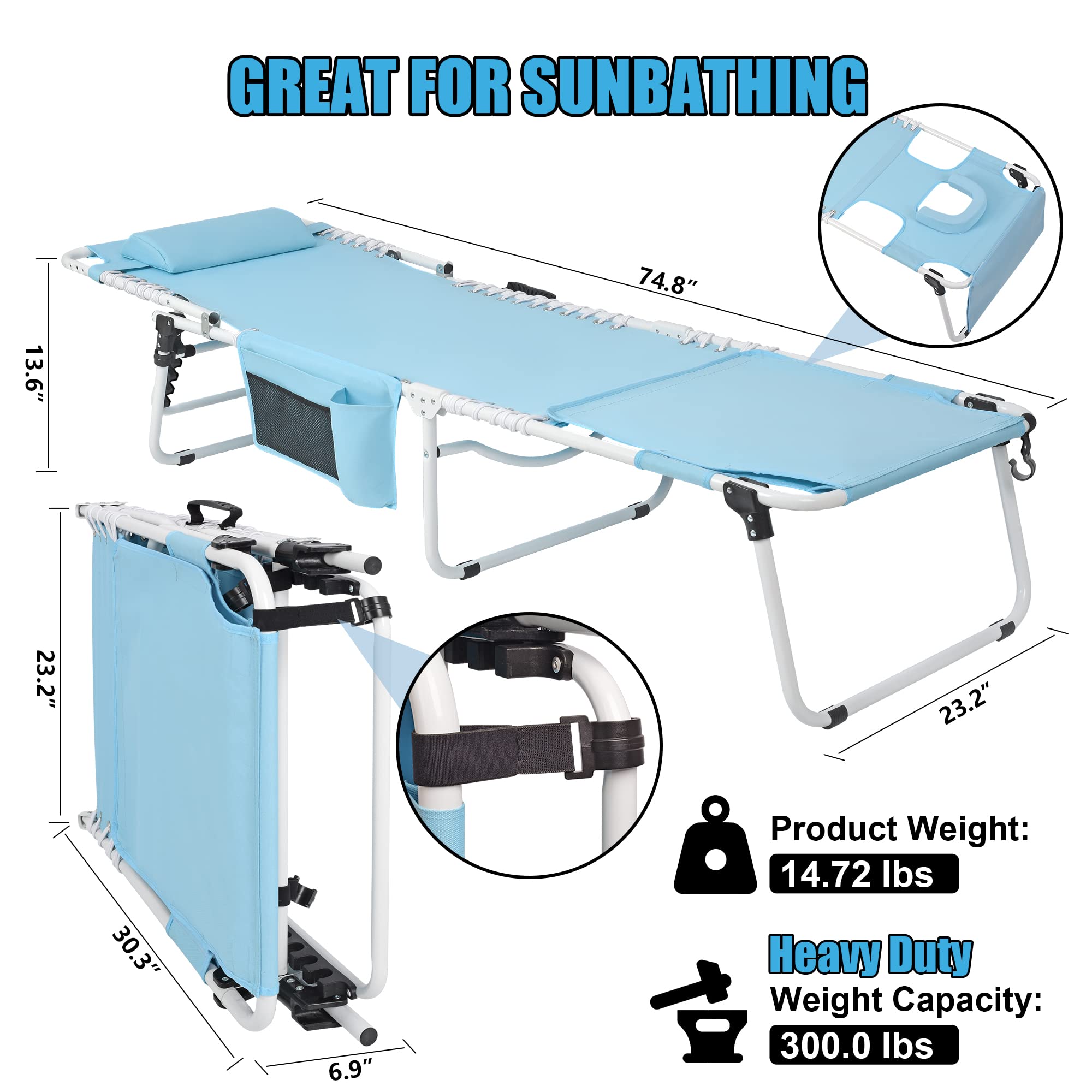 Premium Heavy Duty Tanning Chair with Face Hole - Adjustable 5-Position Folding Chaise Lounge for Outdoor Use | Portable, Lay Flat Design Perfect for Beach, Poolside, Patio, Lawn, Camping & Deck Sunbathing | Ideal for Relaxation, Vacation & Outdoor Leisure Activities