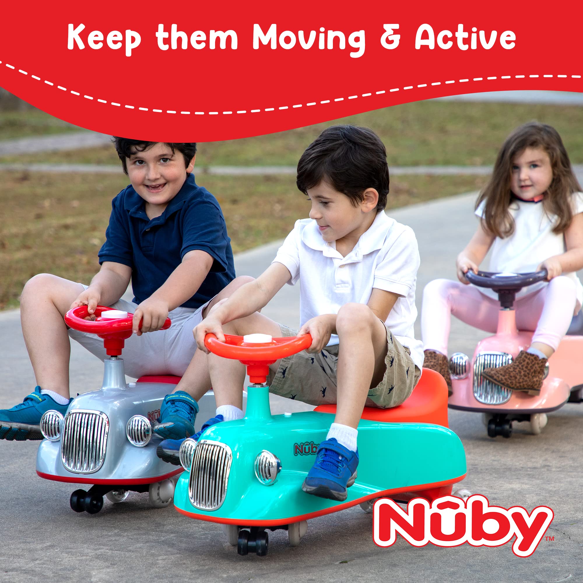 **Nuby Twist N Ride Classic Ride-On Car for Toddlers - Interactive Light-Up Scooter with Realistic Front & Back Lights & Music - Fun Riding Toy for Kids Ages 3+ (Red & Grey) - Perfect for Indoor Play, Outdoor Adventures & Birthday Gifts**