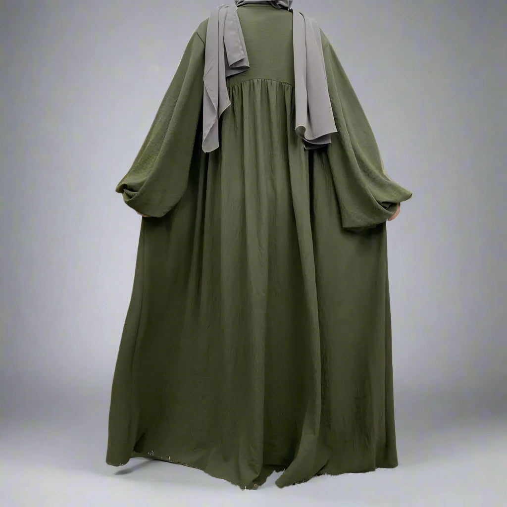 Stylish Elastic Puff Sleeve Muslim Women's Cardigan Open Abaya Dress - Perfect for Prayer, Modest Fashion & Everyday Wear
