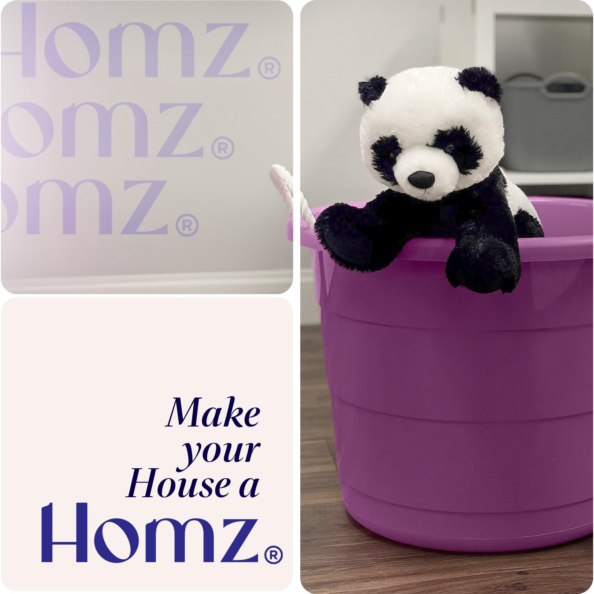 HOMZ 4-Pack 17 Gallon Large Plastic Storage Buckets with Rope Handles - Heavy Duty Utility Tubs for Laundry, Cleaning, Organizing (Purple) - Perfect for Home, Garage, and Outdoor Storage