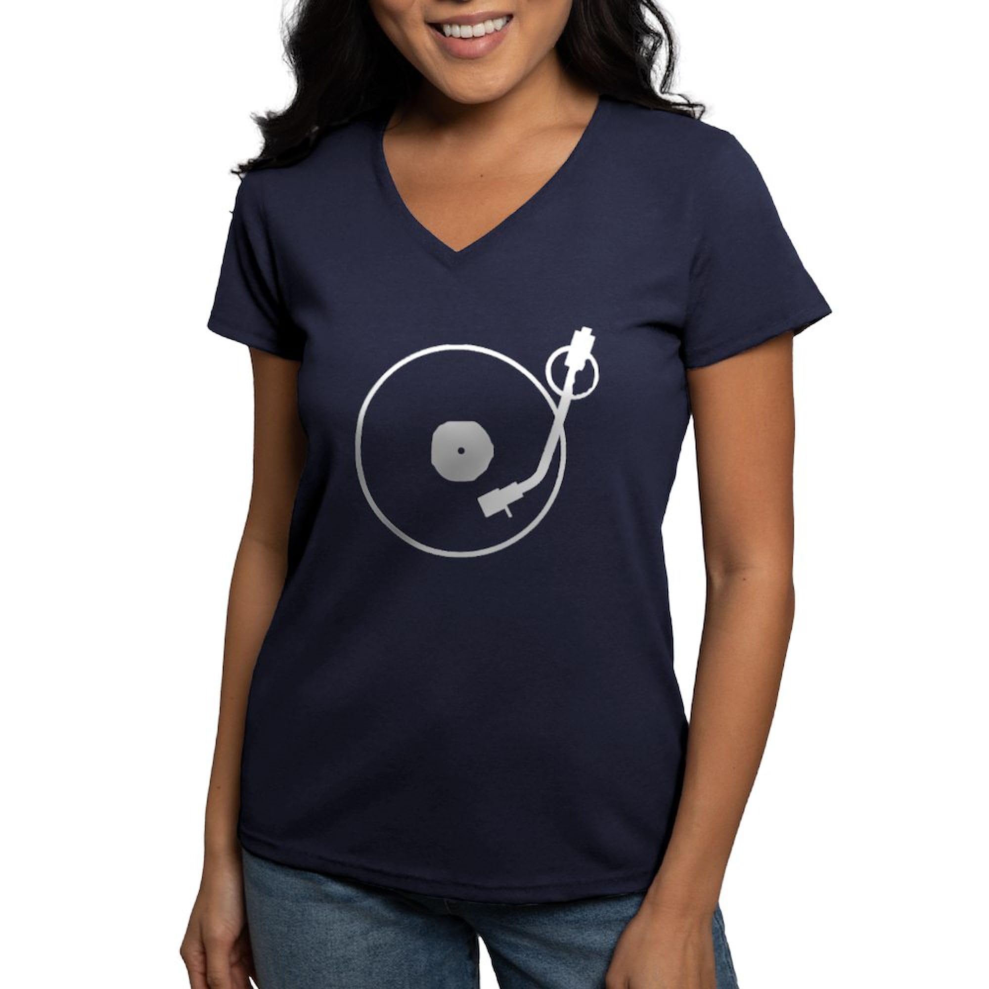 Turntable Women's V-Neck Dark Cotton T-Shirt - Soft & Comfortable Casual Tee for Music Lovers, DJs & Vinyl Enthusiasts | Perfect for Concerts, Parties & Everyday Wear