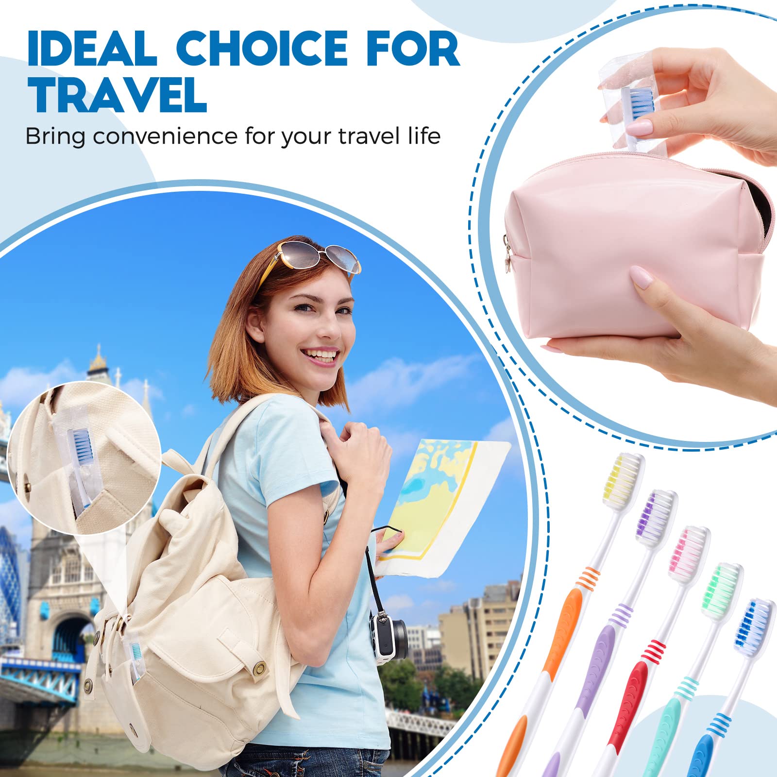 Disposable Travel Toothbrushes - Individually Wrapped, Medium Soft Bristles for Adults - Perfect for Hotels, Guests & On-the-Go Oral Care (Multi-Color Pack)