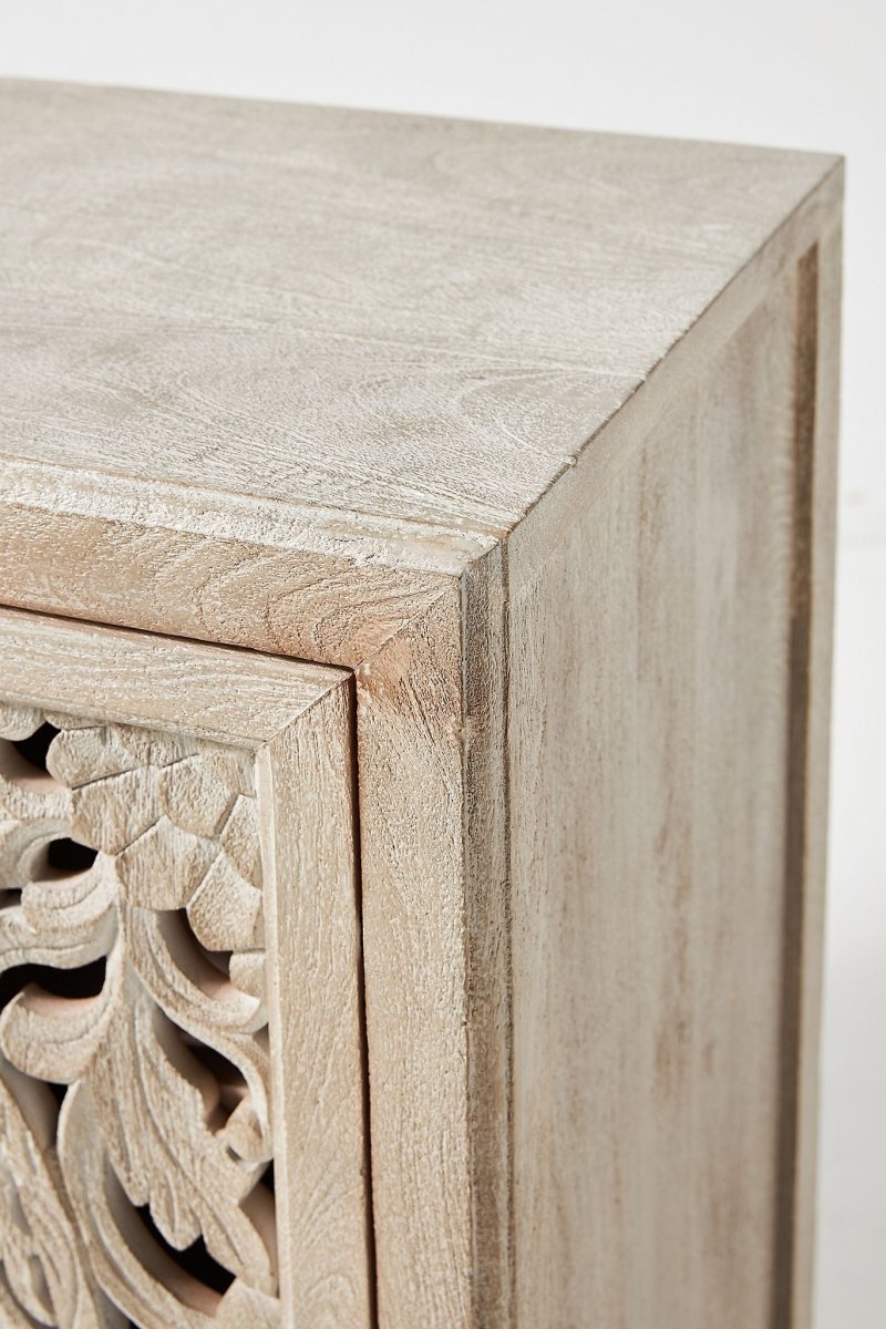 Hand Carved Lombok Entryway Cabinet - Solid Wood Kitchen Storage Unit with 3 Drawers & Shelves | Perfect for Hallway, Living Room & Dining Room Organization