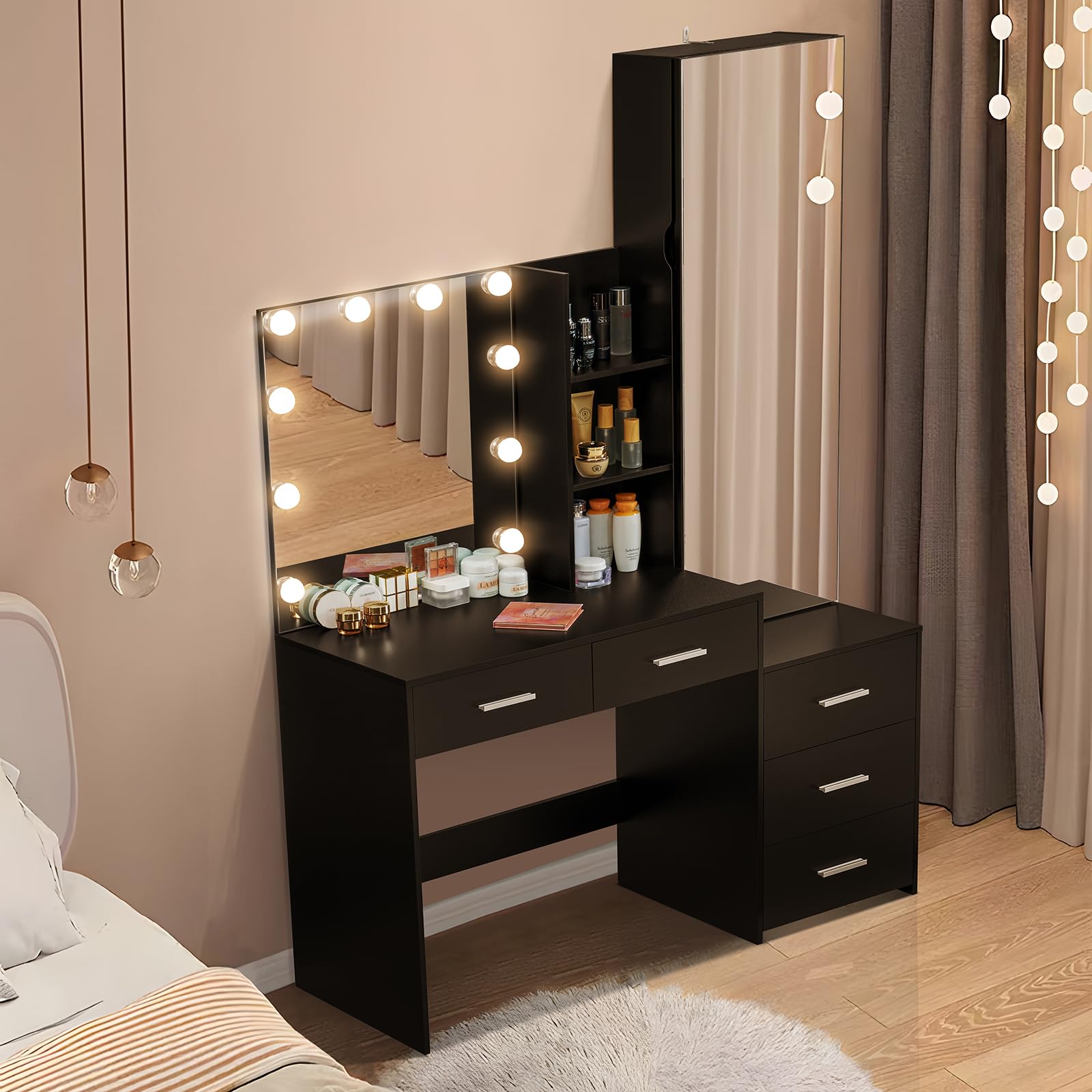 USIKEY Vanity Desk with Full-Length Mirror & LED Lights - Makeup Dressing Table with Jewelry Cabinet, 2 Drawers & 2 Shelves - Elegant Black Vanity Set for Women & Girls - Perfect for Bedroom, Dorm Room or Dressing Area