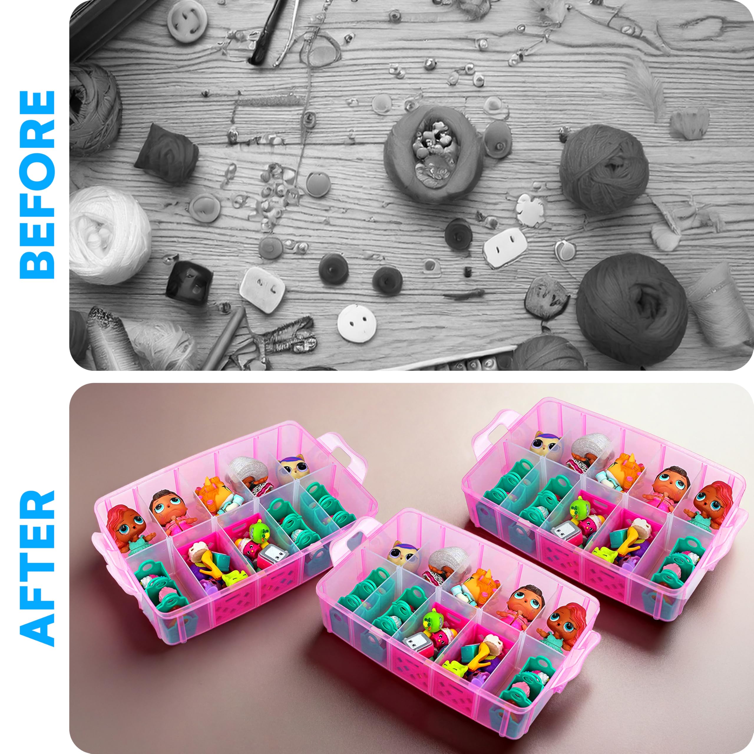 Bead Organizer with Adjustable Compartments - 4 Tier 20 Compartment Pink Storage Box for Dolls, Crafts, Mini Toys, Jewelry & Beads - Durable Toy Organizer for Kids & Adults - Perfect for Craft Rooms, Playrooms & Travel Organization