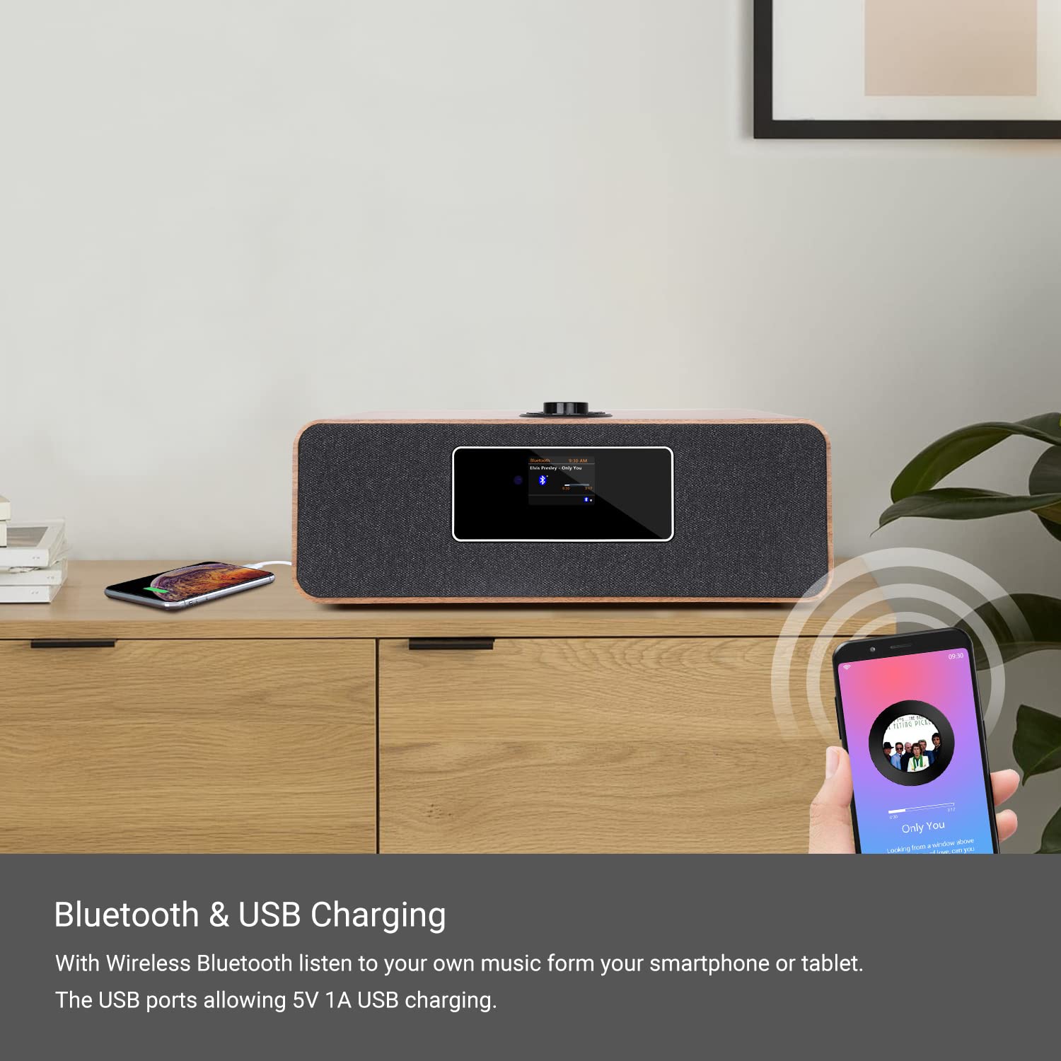 MS3 Stereo WiFi Internet DAB+ Digital FM Radio with Bluetooth, Spotify Connect, Dual Alarm Clock, USB Charger, Full Color Display & Remote Control - Walnut Finish | Perfect for Bedroom, Kitchen, Office & Outdoor Use