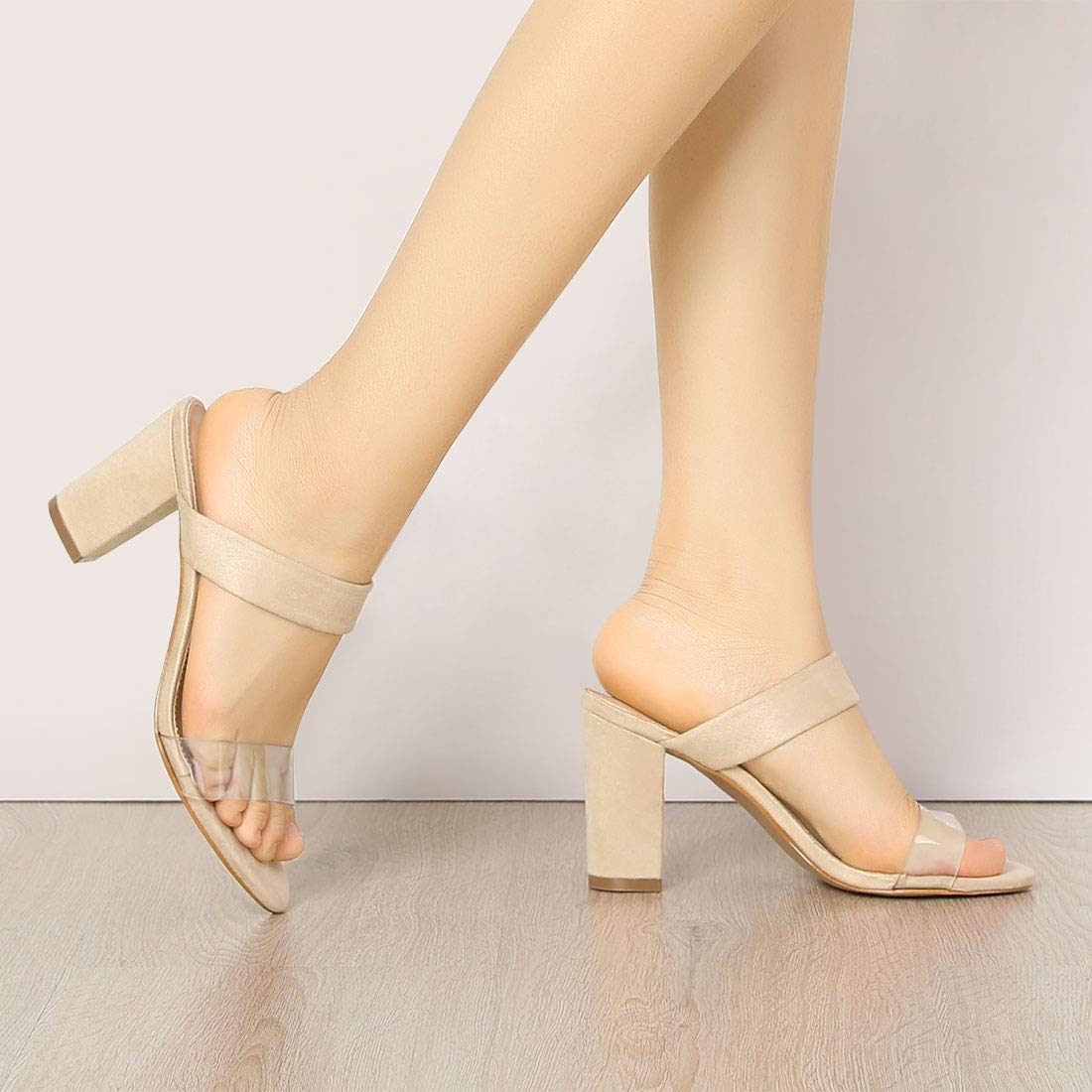 Allegra K Women's Block Heel Slide Sandals with Dual Clear Straps - Comfortable Summer Dress Shoes for Weddings, Parties & Office Wear
