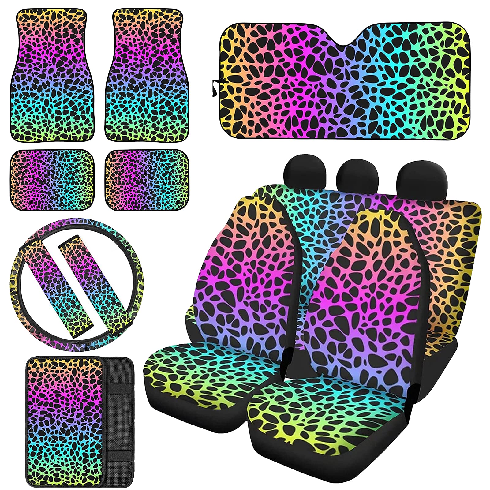 JEOCODY 13-Piece Colorful Leopard Print Car Accessories Set - Sunshades, Seat Covers, Front & Rear Floor Mats, Steering Wheel Cushion, Armrest Protector, Seatbelt Pads | Perfect for SUV, Sedan, Truck Interior Decoration & Protection