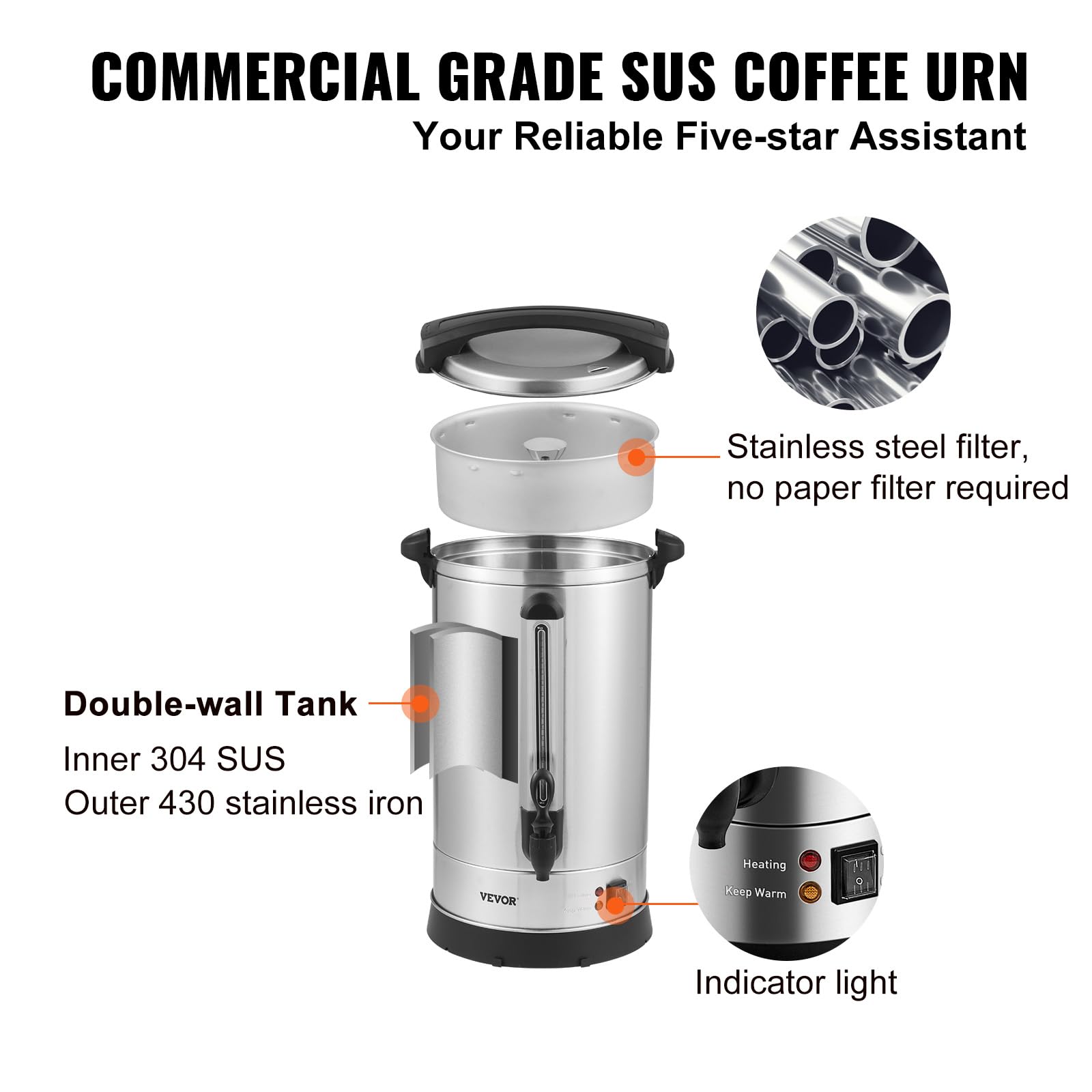 VEVOR 65-Cup (9.75L) Commercial Coffee Urn with Level Window - 1500W Large Capacity Coffee Maker for Events, Catering & Offices - Perfect for Weddings, Parties & Restaurants