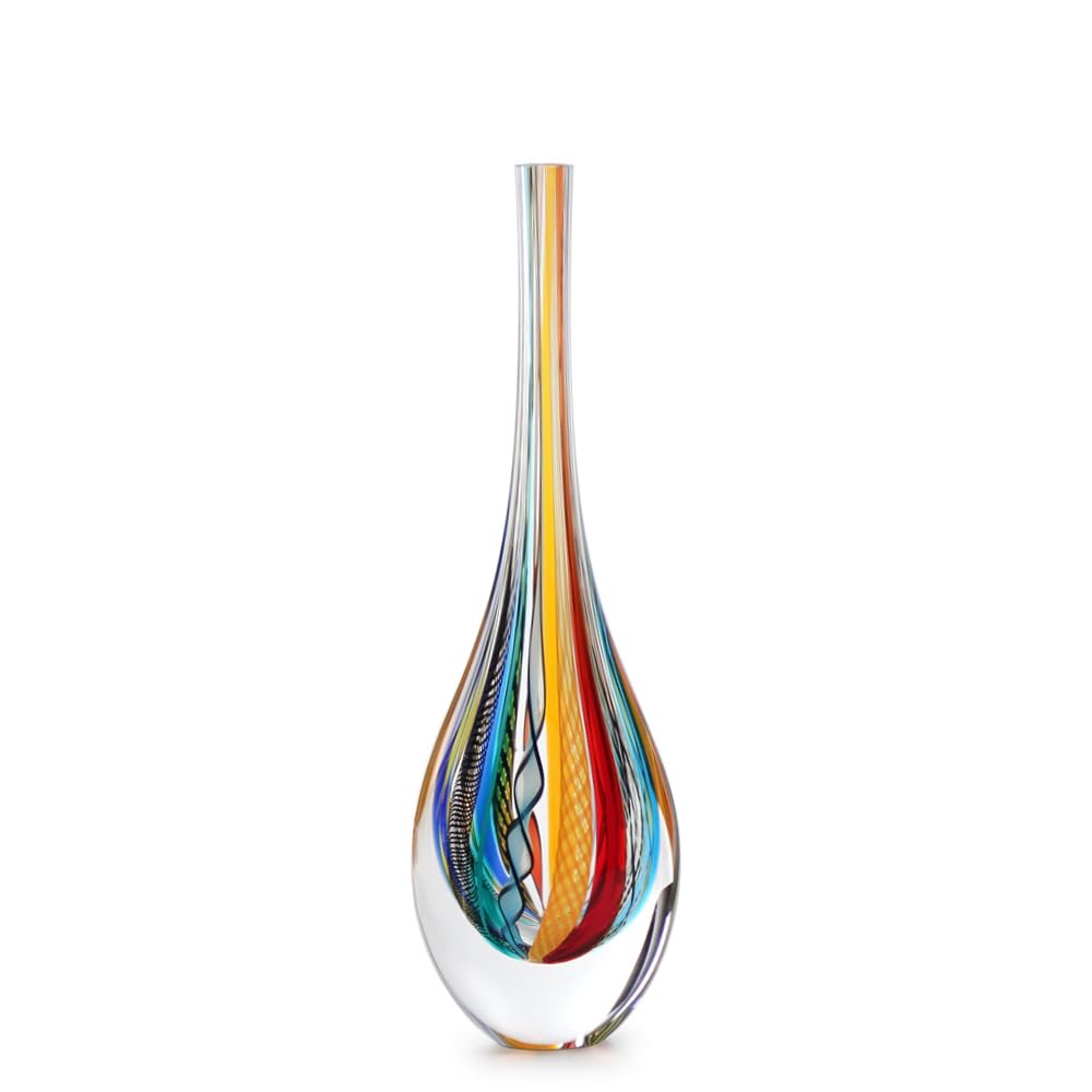 Hand Blown Murano-Style Small Drop Glass Vase - Hippie Colored Canes Art Glass Decor for Home, Wedding Centerpiece & Bohemian Interior Design (Tall Model)