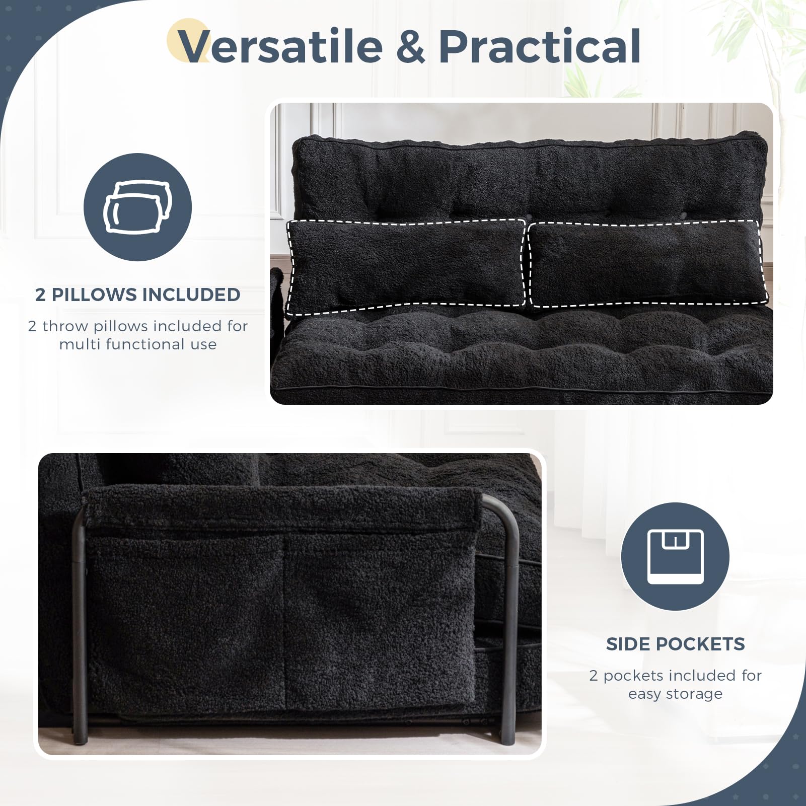 MAXYOYO Adjustable Floor Sofa Couch with 2 Pillows - Boucle Convertible Lazy Sofa Sleeper Bed with Armrest for Living Room, Bedroom & Small Spaces - Double Size in Black - Perfect for Lounging, Napping & Guest Sleeping