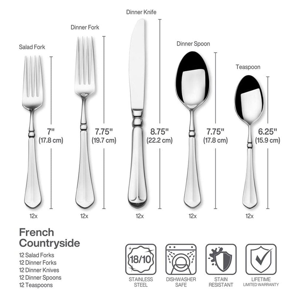 French Countryside® 65-Piece Stainless Steel Flatware Set - Service for 12 People - Elegant Dinnerware for Formal Dining, Holiday Entertaining & Wedding Gifts
