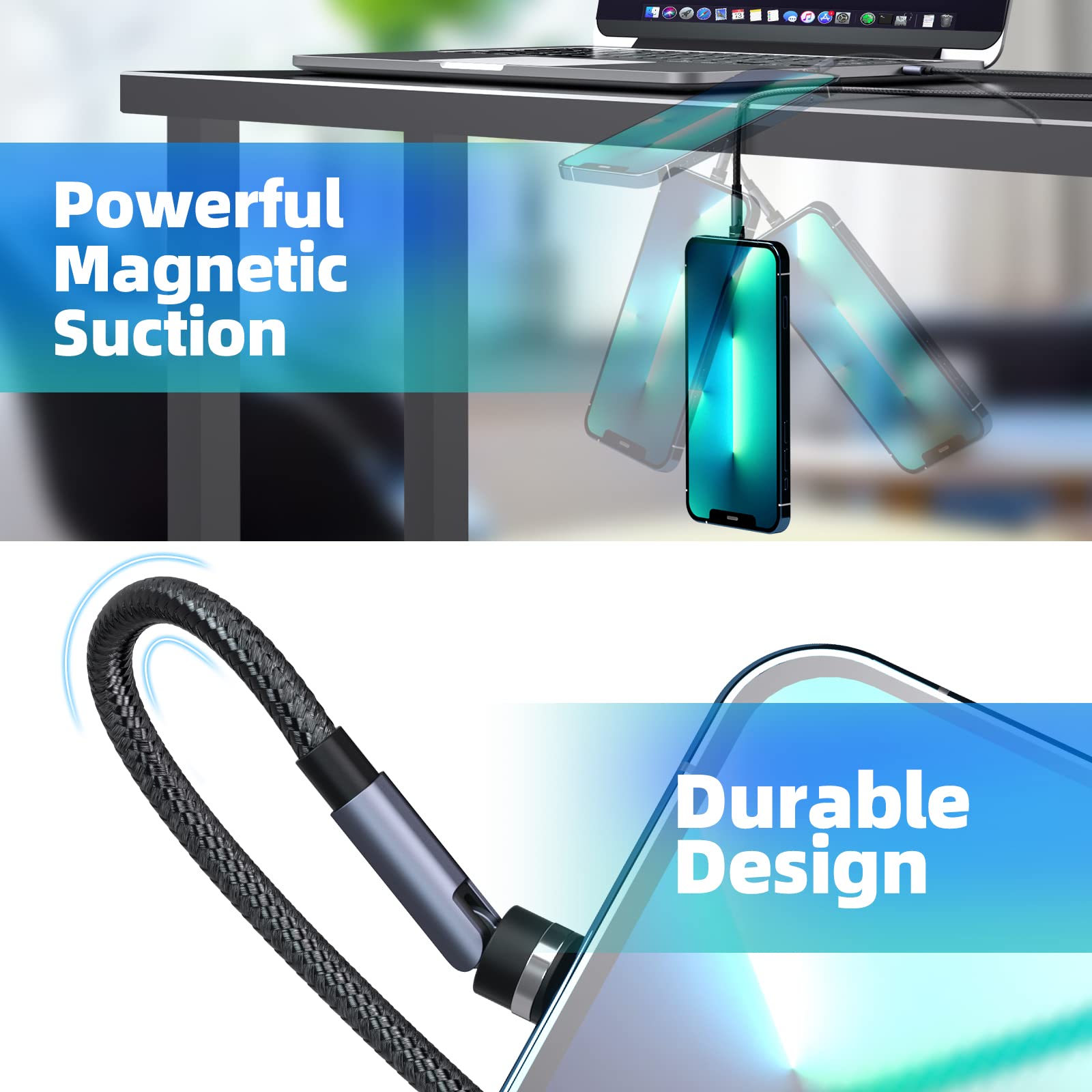 540° Rotating Magnetic Charging Cable 3-Pack - 3A Fast Charger with 10FT Length | Universal Magnetic USB Cable Compatible with iPhone, Android, Micro USB & Type C Devices | Perfect for Home, Office, Car and Travel Charging