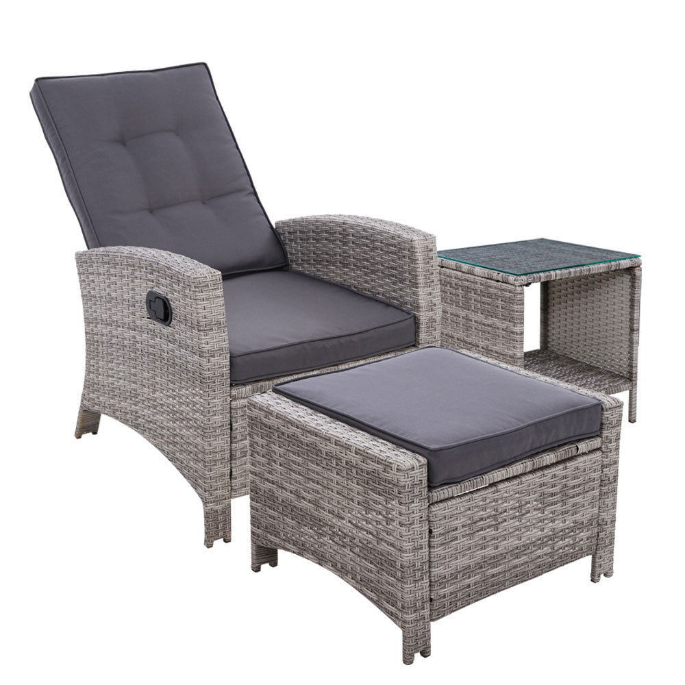 3-Piece Elise Outdoor Recliner Chair with Ottoman and Side Table Set - Grey Patio Furniture for Backyard, Poolside & Garden Relaxation