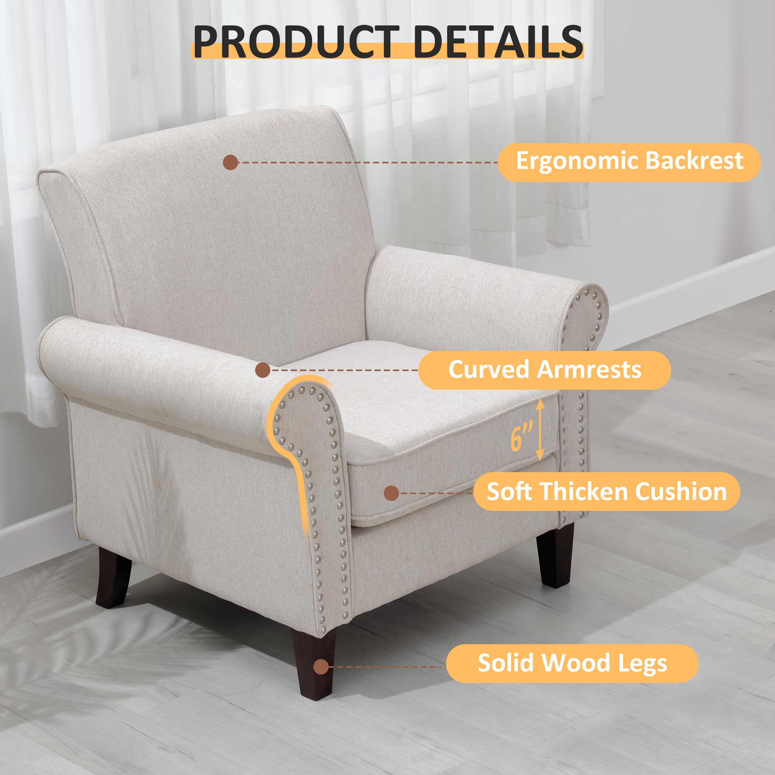 PrimeZone Comfy Accent Chair - Mid-Century Modern Fabric Living Room Chair with Soft Cushion, Nailhead Trim & Rolled Armrest - Armchair for Bedroom, Office, Waiting Room - Perfect for Reading, Relaxing & Home Decor (Beige)