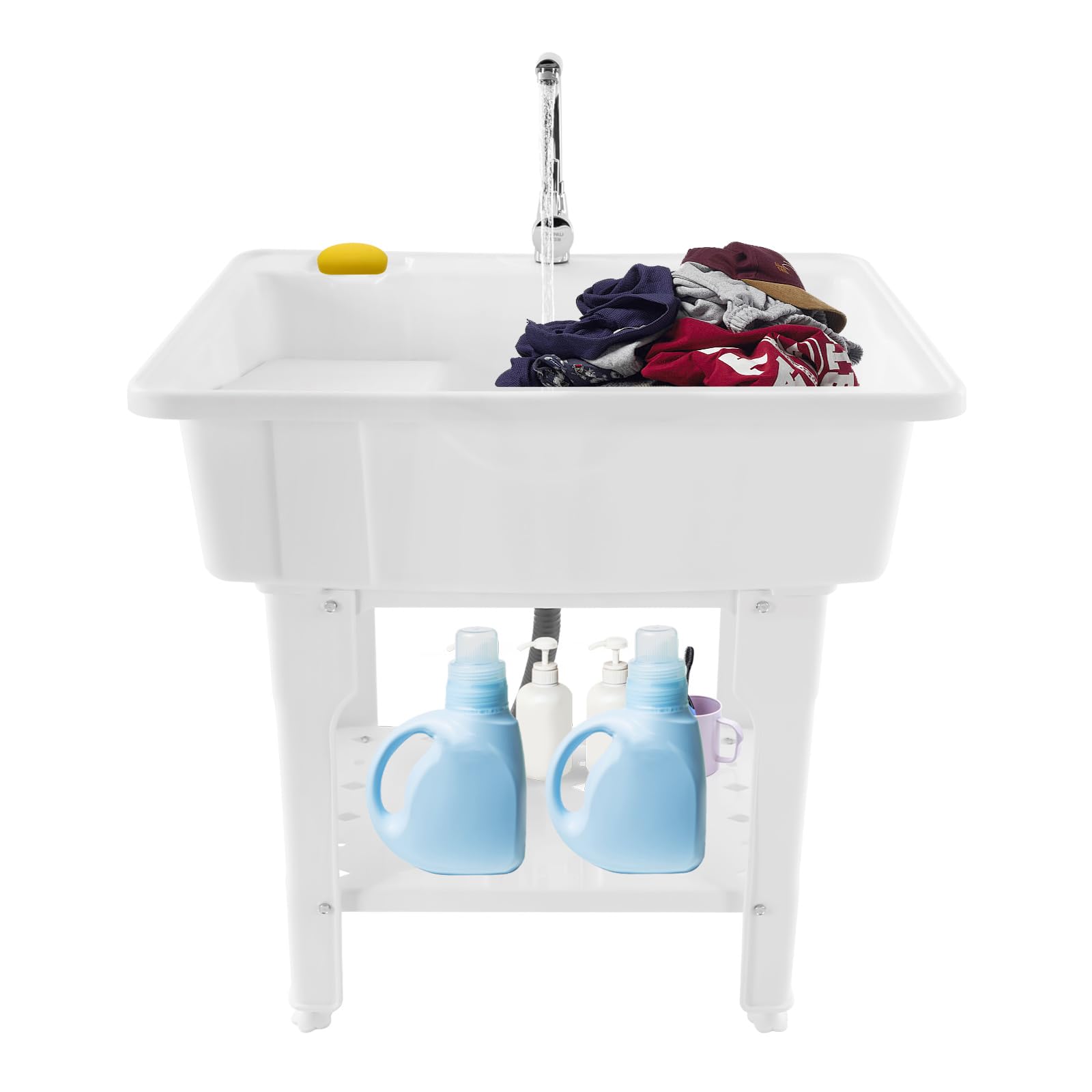 Freestanding Laundry Sink with Faucet & Storage - White Plastic Wash Basin for Indoor/Outdoor Use in Laundry Rooms & Garages