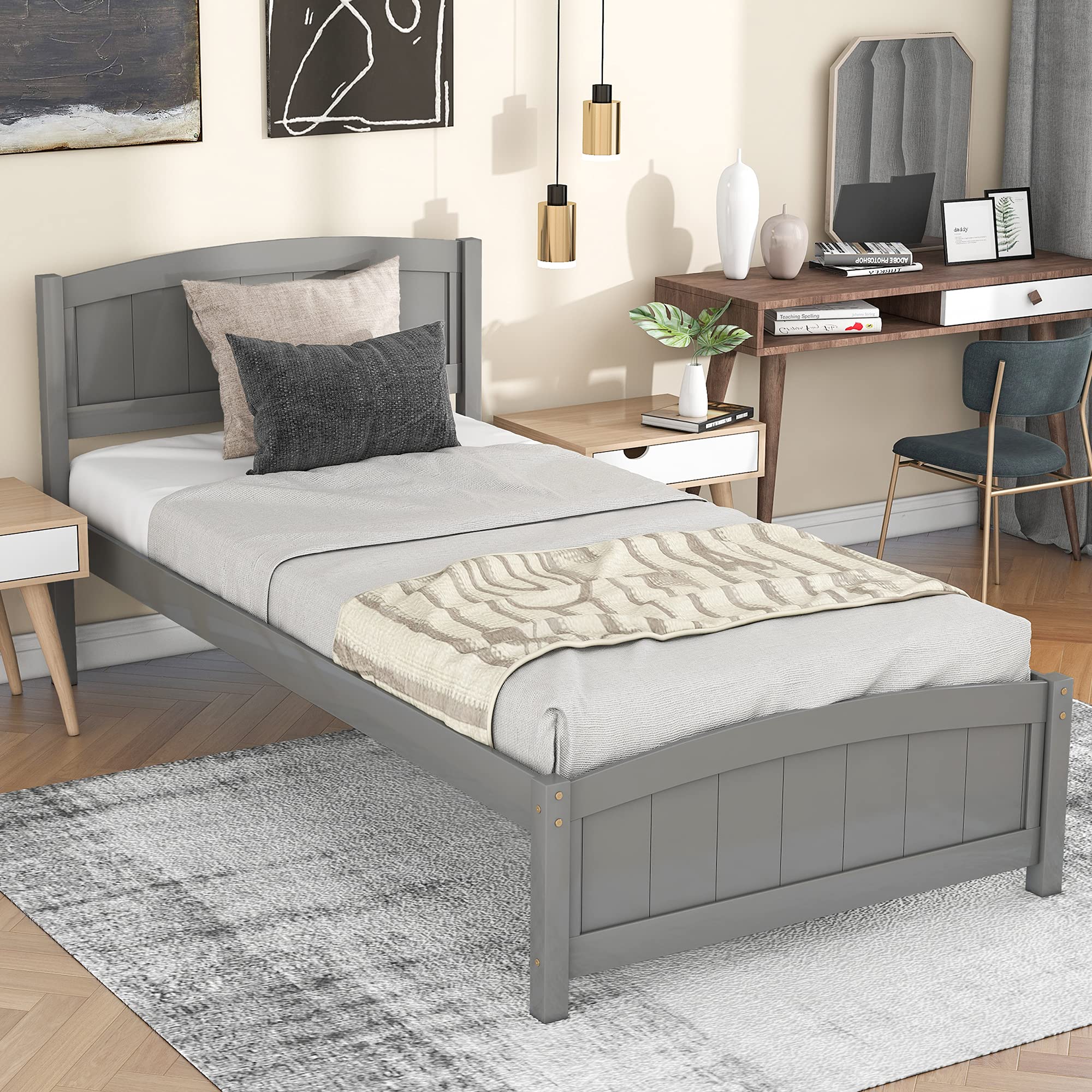 P PURLOVE Platform Bed Frame with Wood Slat Support & Headboard - No Box Spring Needed, Gray - Perfect for Modern Bedrooms & Guest Rooms