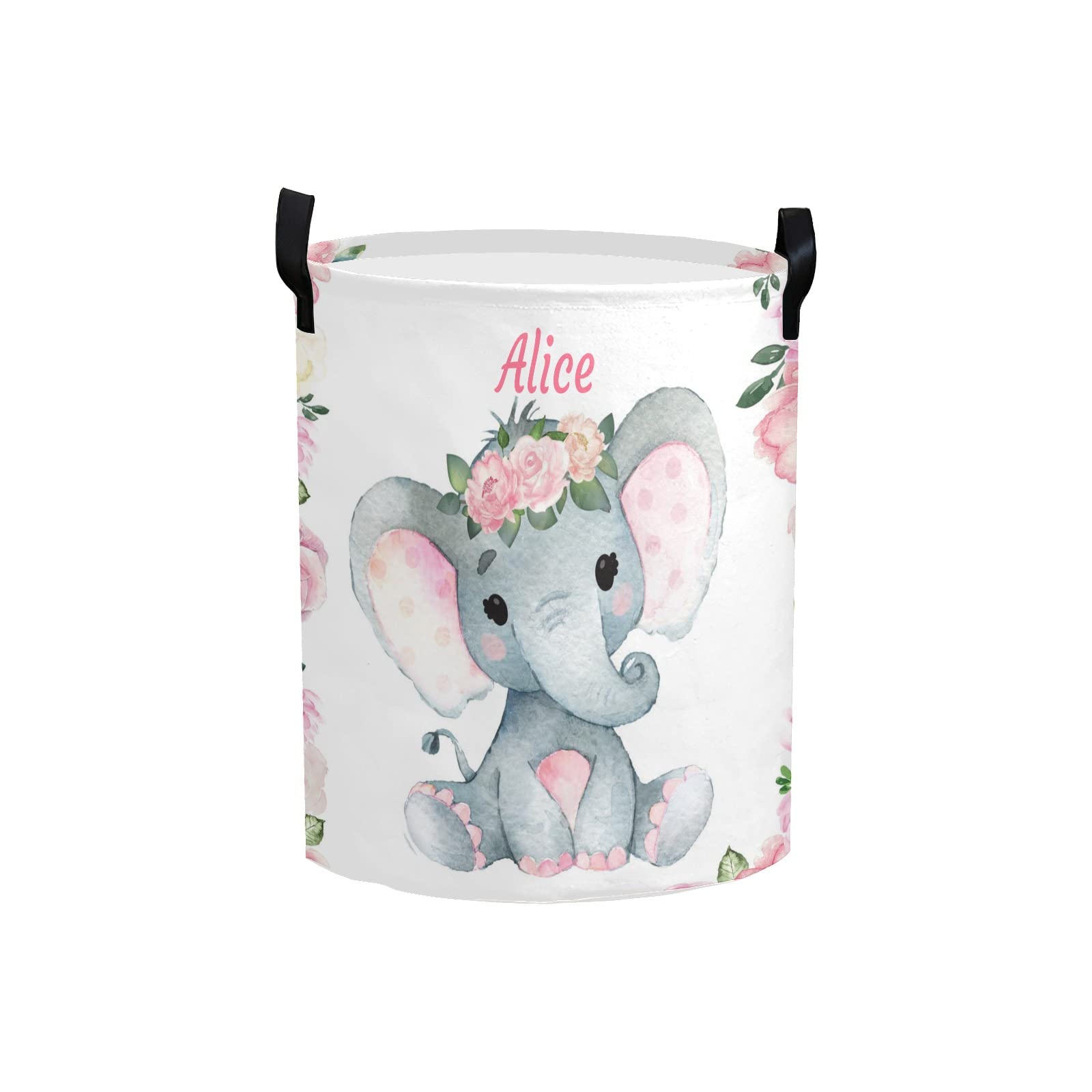 Personalized Laundry Hamper with Handle - Custom Name Organizer Bin for Nursery, Baby Clothes & Toys Storage - Pink Floral Elephant Design - Perfect for Baby Room Decor & Organization