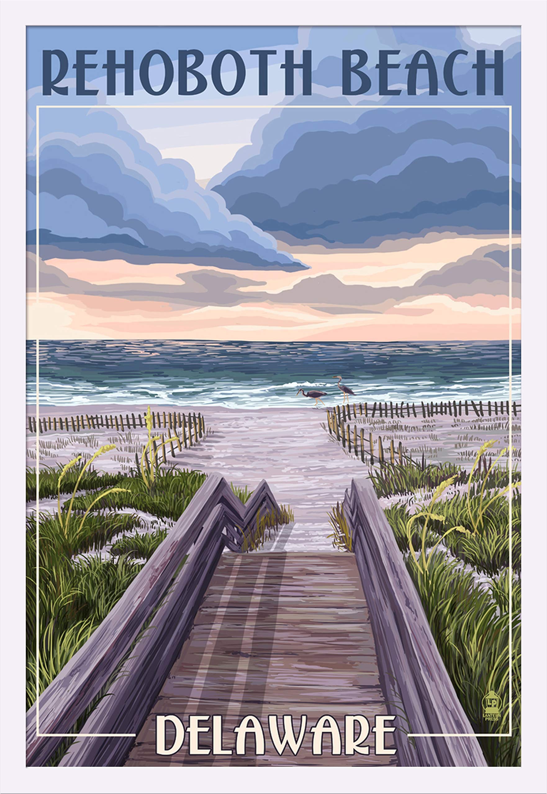 Deluxe 24x36 Rehoboth Beach Boardwalk Art Print - Gallery Framed White Wood Giclee Wall Decor | Perfect for Coastal Living Rooms, Beach House Decor & Office Wall Art