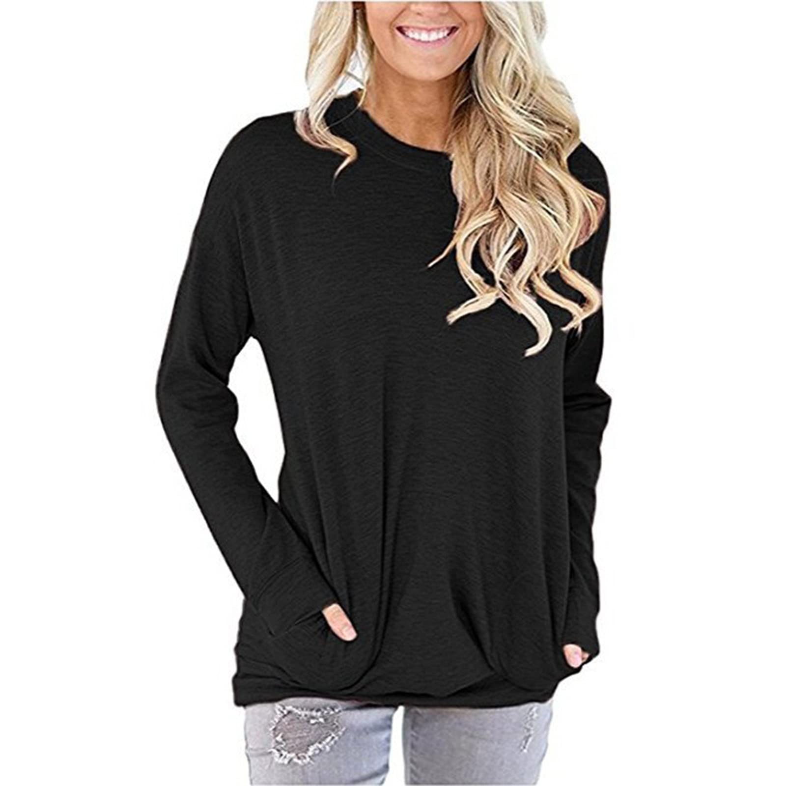 2022 Fashion Women's Crewneck Long Sleeve T-Shirt - Summer Solid Pocket Loose Blouse Trendy Tops for Women - Casual Wear, Office Outfits & Everyday Comfort