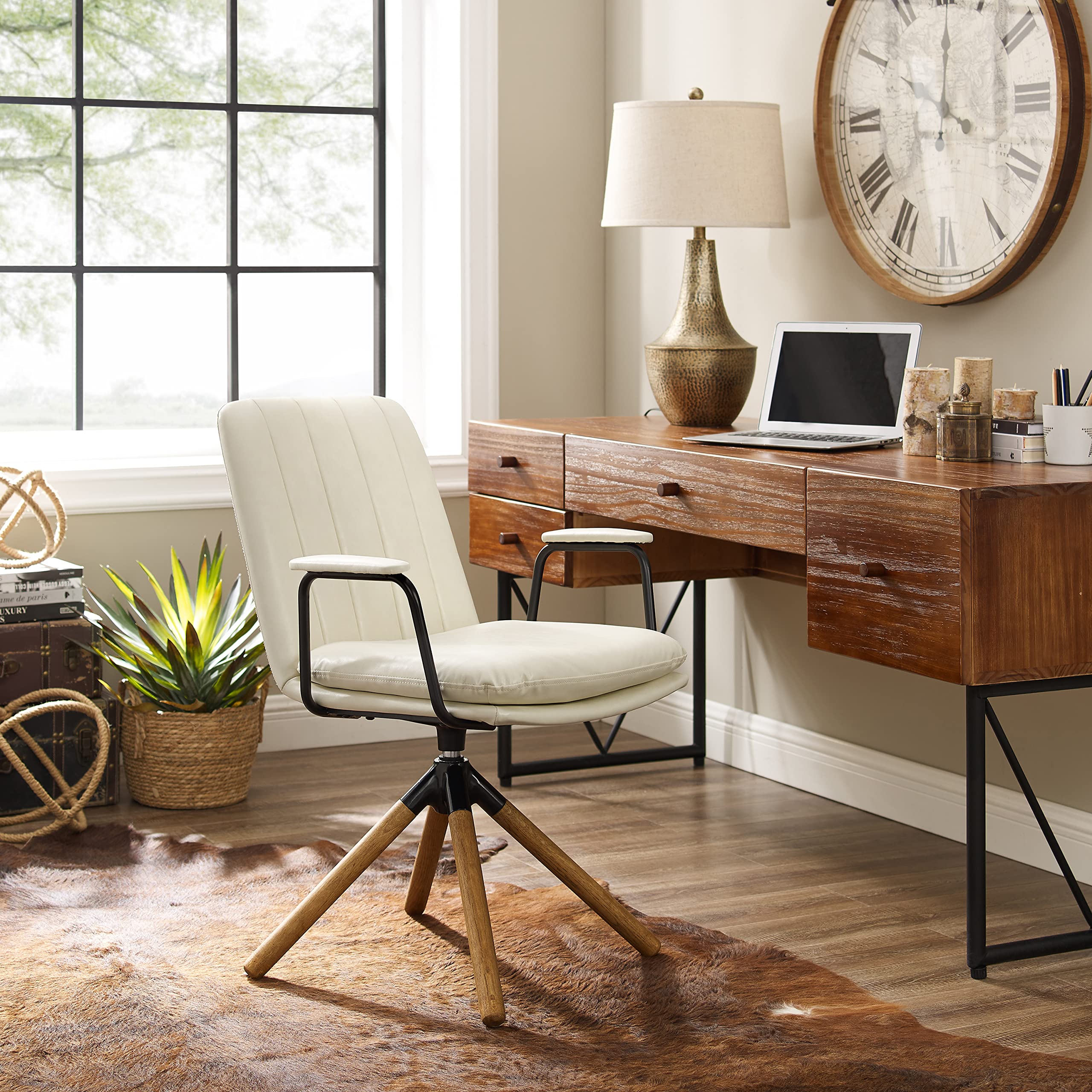 Art Leon Mid Century Modern Swivel Desk Chair Set of 2 - Oak Wood Legs & Faux Leather Upholstery - No Wheels Office Chair for Home Office, Bedroom or Living Room - Off White - Perfect for Workspaces & Cozy Reading Nooks
