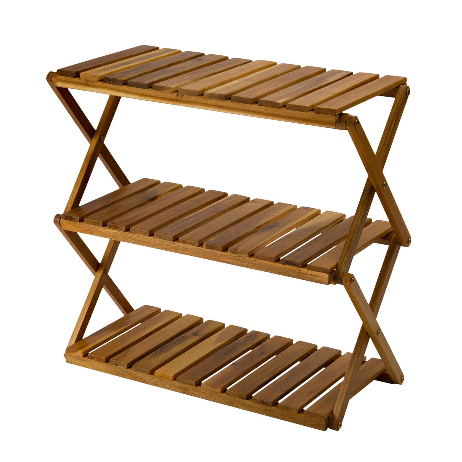 3-Tier Acacia Wood Plant Stand - Foldable Shoe Rack & Multipurpose Shelf for Living Room, Bedroom, Hallway | Sturdy Natural Wood Storage Organizer for Indoor Plants, Shoes & Home Decor