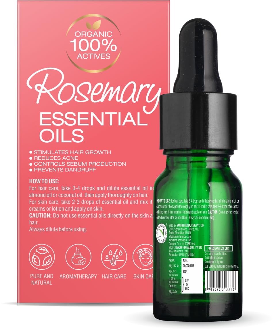 Nandini Organic Rosemary Essential Oil | 100% Pure & Natural | Multipurpose Oil for Skin & Hair Care | Controls Sebum, Prevents Dandruff & Promotes Hair Growth | Aromatherapy & Scalp Treatment | Perfect for DIY Beauty, Massage & Relaxation