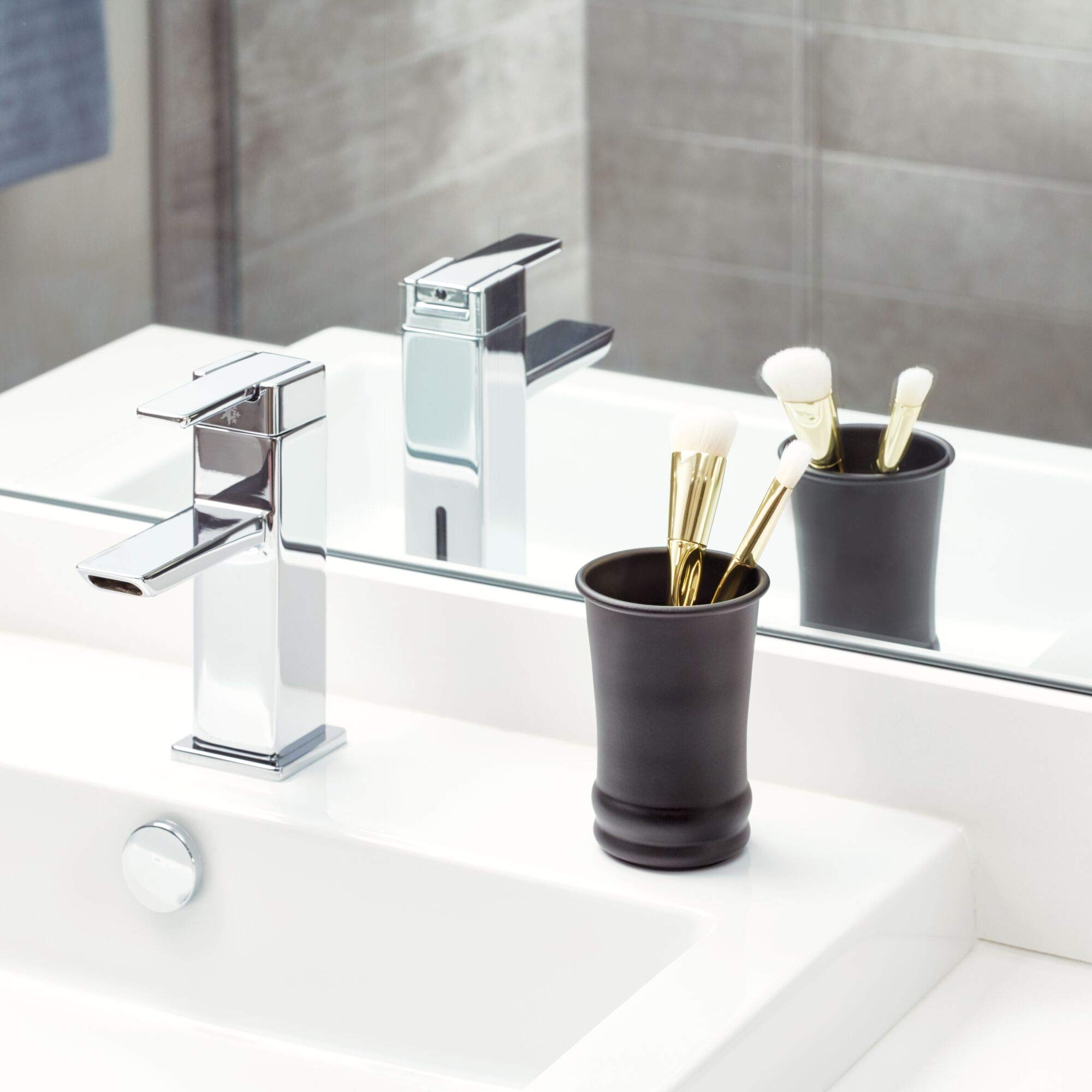 iDesign 26187 Olivia Matte Black Metal Tumbler - Multi-Purpose Makeup Brush Holder & Toothbrush Cup for Bathroom Countertop, Desk Organizer, Dorm Essentials, College Room Decor & Vanity Storage - Perfect for Home, Office & Travel Use