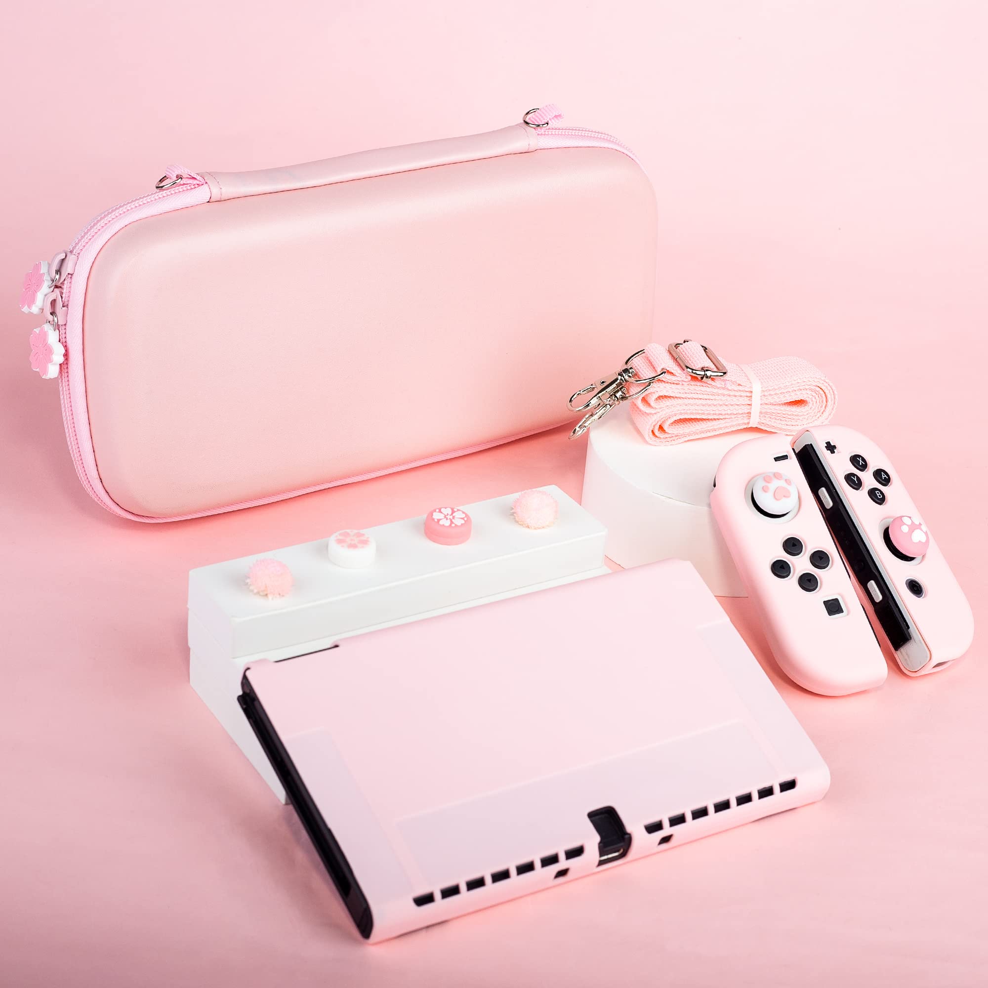 Premium Pink Nintendo Switch OLED Carrying Case with Sakura Embroidery - Portable Hard Shell Protection Includes Soft Case, Screen Protector, 4 Thumb Grips, Wrist Strap & Shoulder Strap - Perfect for Travel, Commuting & Gaming On-The-Go