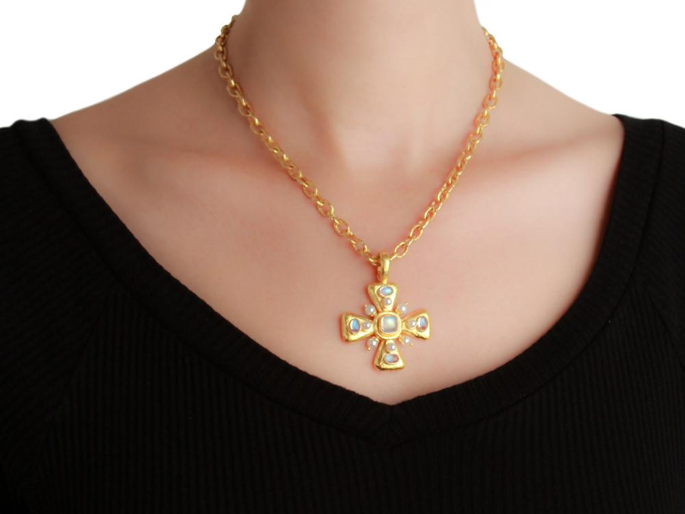 Elizabeth Locke Moonstone & Pearl Maltese Cross Pendant Necklace - Elegant Jewelry for Women, Perfect Gift for Birthday, Anniversary & Special Occasions