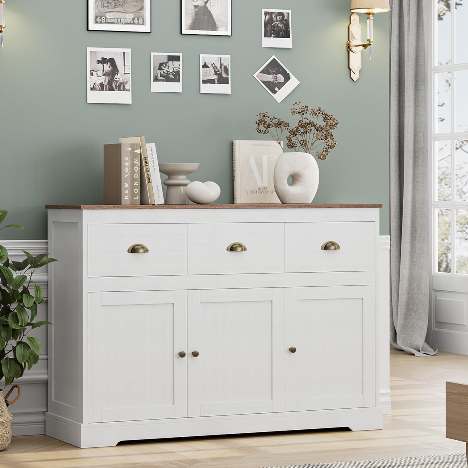 Farmhouse Style Buffet Cabinet with 3 Drawers & 3 Doors - Adjustable Shelves Kitchen Storage Sideboard, Wine Bar Console Table for Dining & Living Room - Antique White Finish | Perfect for Dining Room Storage, Kitchen Organization & Home Decor