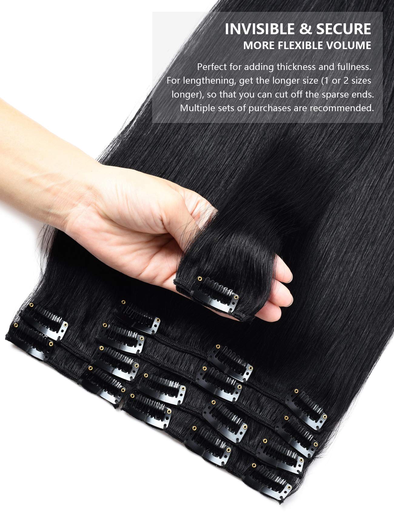 Rose Bud Clip-in Hair Extensions 8Pcs 18 Clips 70g/Set 20 Inch Jet Black 100% Remy Human Hair for Volume & Length – Perfect for Weddings, Parties & Daily Styling