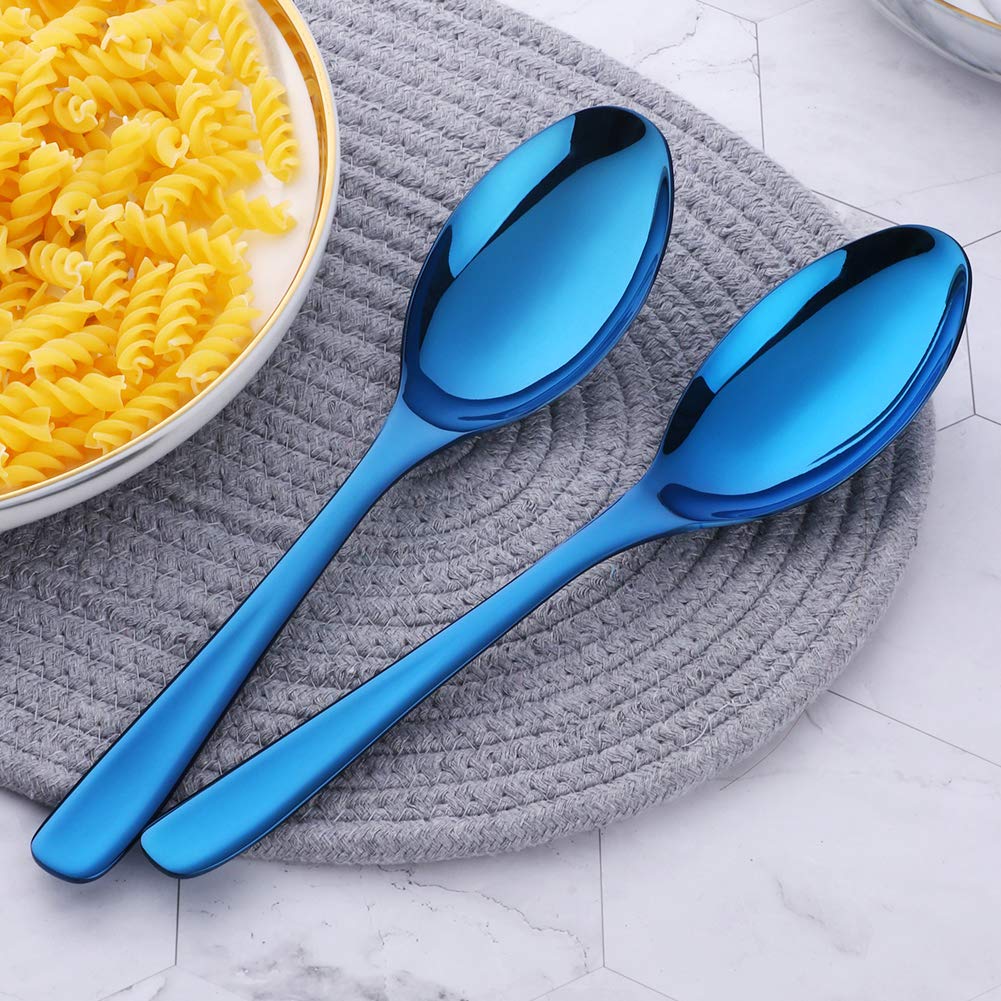 Premium Stainless Steel Buffet Serving Spoons Set of 2 - 10 Inch Blue Plated Salad Servers, Dishwasher Safe Large Utensils for Parties, Catering & Home Dining