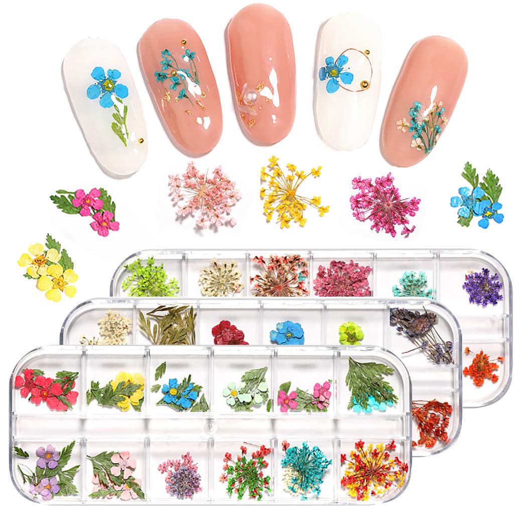 Dorakitten 3 Sets Pressed Dried Flower Nail Art Decorations - Floral Nail Art Supplies & Accessories for DIY Manicure, Wedding, Party Nail Designs
