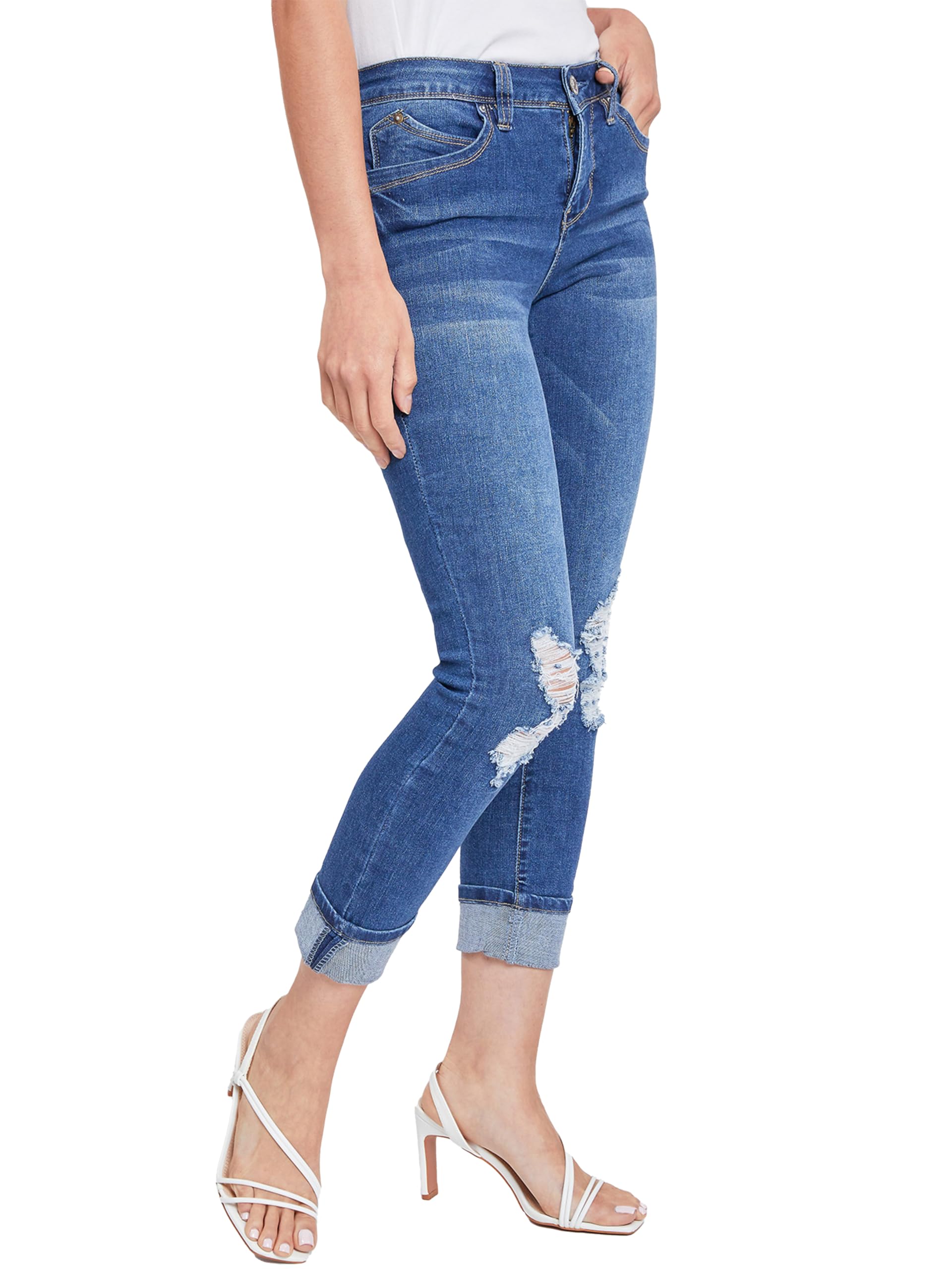 Royalty For Me Women's Petite Stretchy Skinny Jeans - Mid-Rise Ankle-Length Denim Pants with Mega Cuff (Medium Wash, Size 6) | Sustainable Casual Wear for Everyday Outfits & Office Looks
