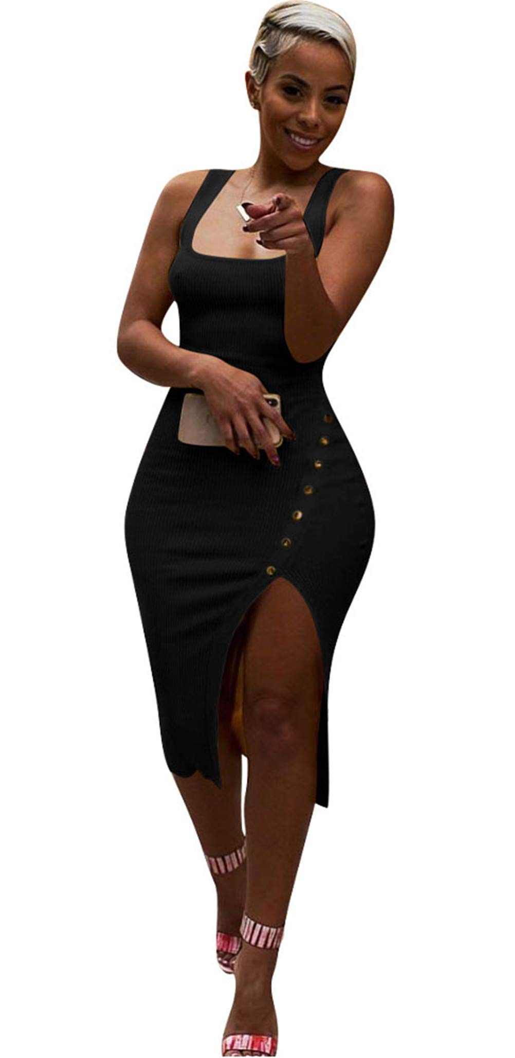 Qikaka Women's Sexy Sleeveless Solid Color Button-Up Stretchy Bodycon Dress - Nightclub Outfit, Party Wear & Casual Chic Summer Dress