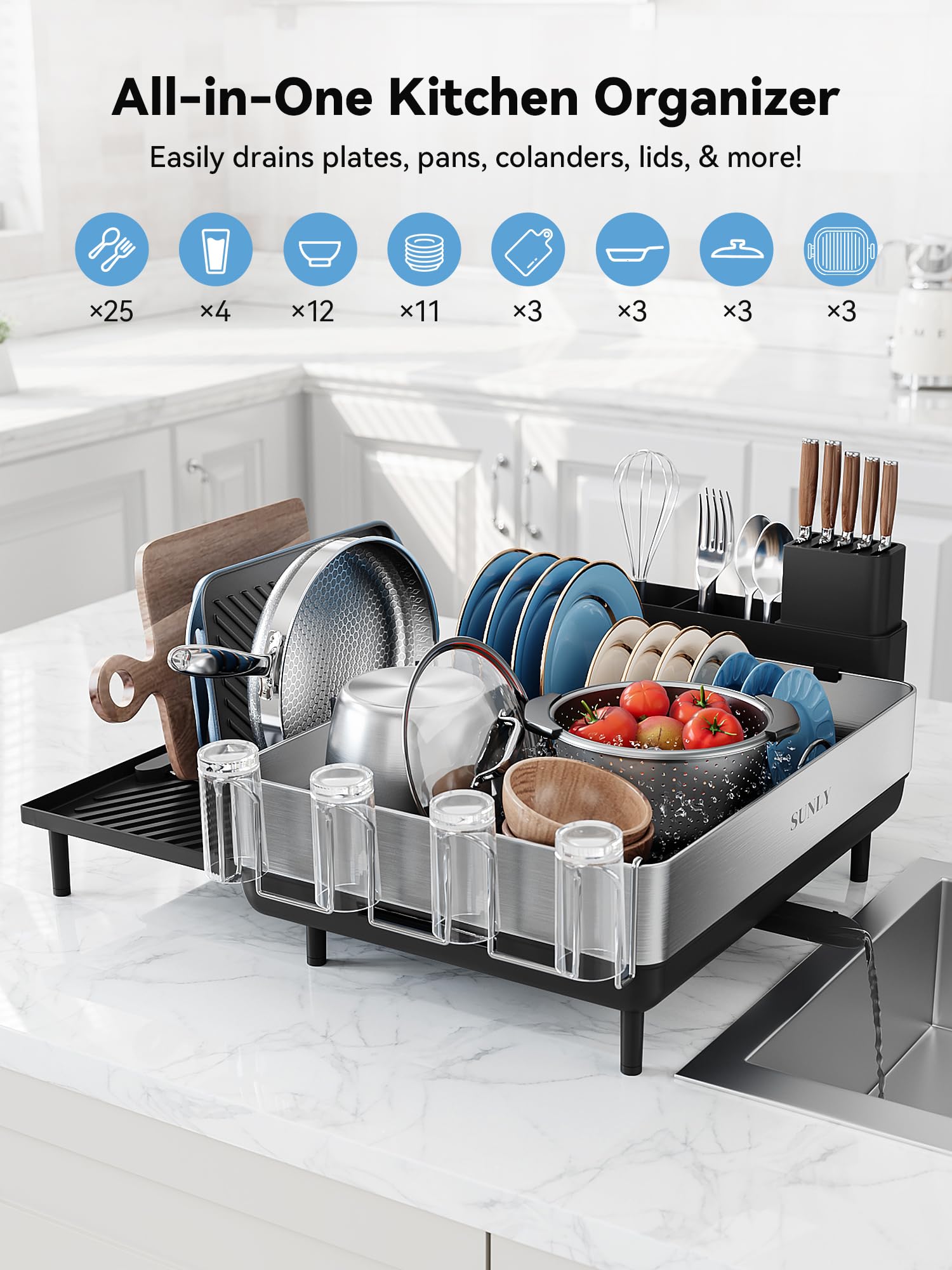 **SUNLY Large Expandable Dish Drying Rack - 304 Stainless Steel Space-Saving Kitchen Counter Drainer with Flip-Up Pegs - Perfect for Small Kitchens, Apartments & Dishwashing Organization (Black)**