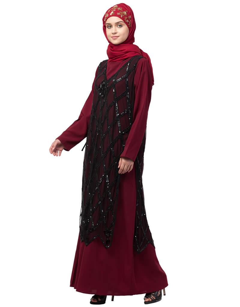 Elegant Black Arabic Two-Piece Diamond Cut Beaded Abaya for Women - Perfect for Parties, Weddings & Special Occasions