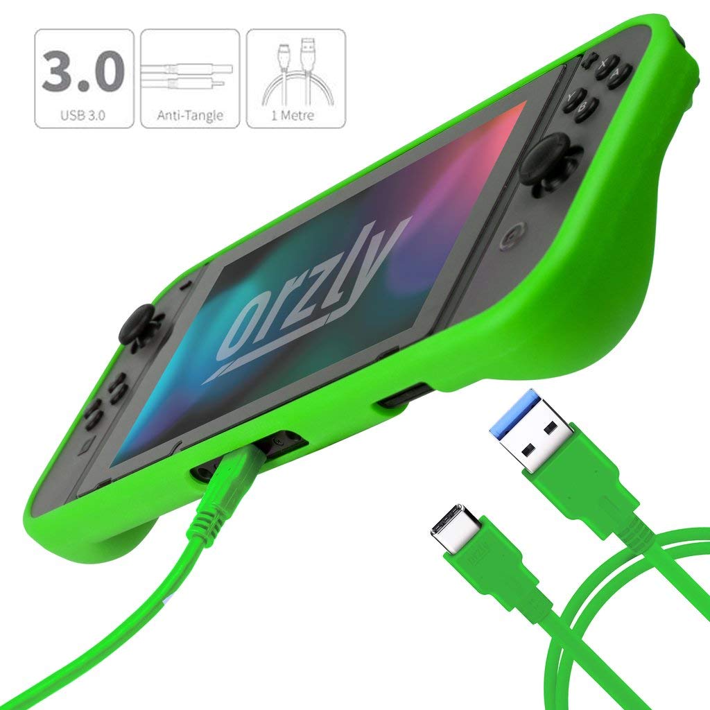 Orzly Nintendo Switch Accessories Bundle - Carry Case, Tempered Glass Screen Protector, USB Charging Cable, Game Case, Comfort Grip & Headphones (Green) | Perfect for Travel, Gaming On-The-Go & Switch Protection