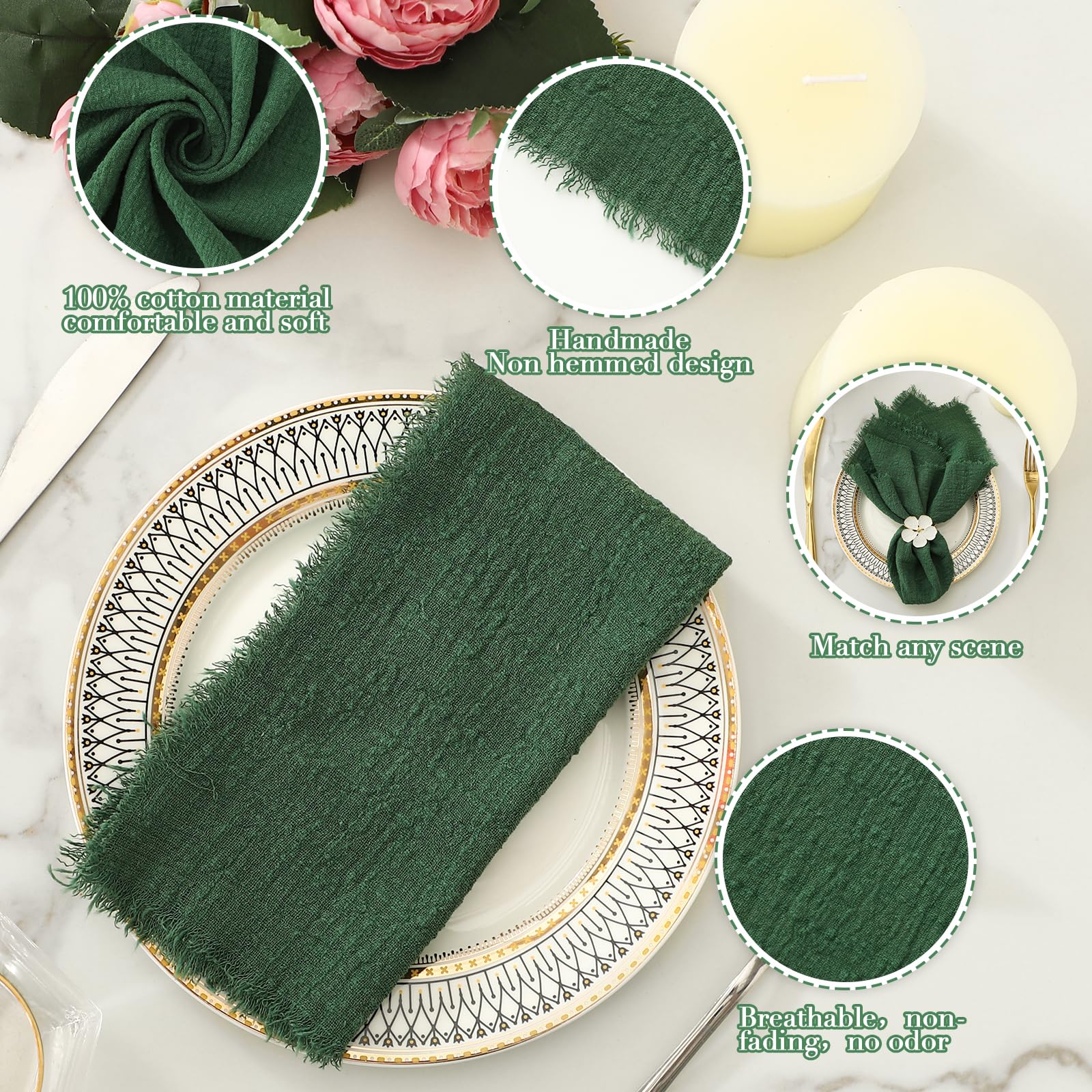 Premium 17x17 Inch Linen Napkins Set of 12 - Handmade Cotton Table Napkins for Wedding, Christmas & Party Decor - Eco-Friendly Dark Green Dinner Napkins - Perfect for Formal Dining, Holiday Gatherings & Special Occasions
