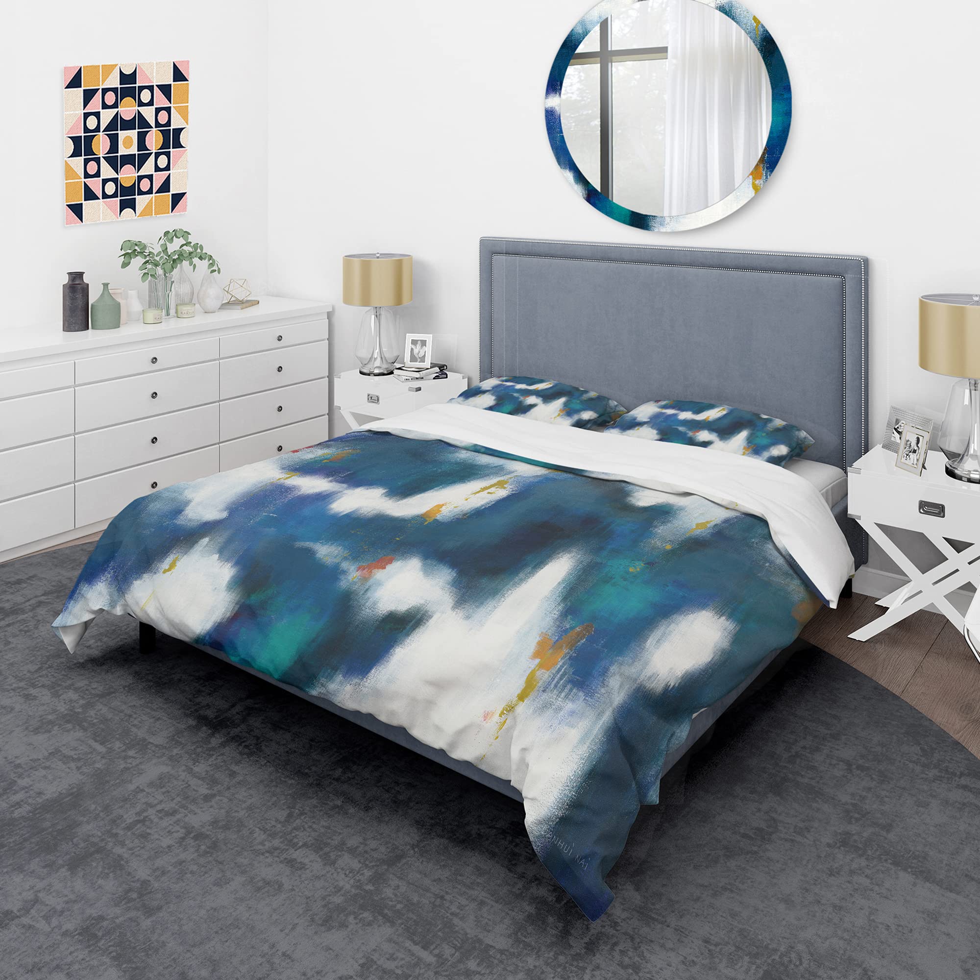 Blue Glam Duvet Cover Set King - Modern Abstract Bedding for All Seasons