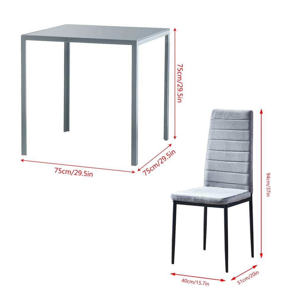 Modern 3-Piece Dining Set - Grey Glass Square Table & 2 Velvet Chairs with Metal Legs | Kitchen & Restaurant Furniture | Perfect for Small Spaces, Apartments & Contemporary Dining Rooms