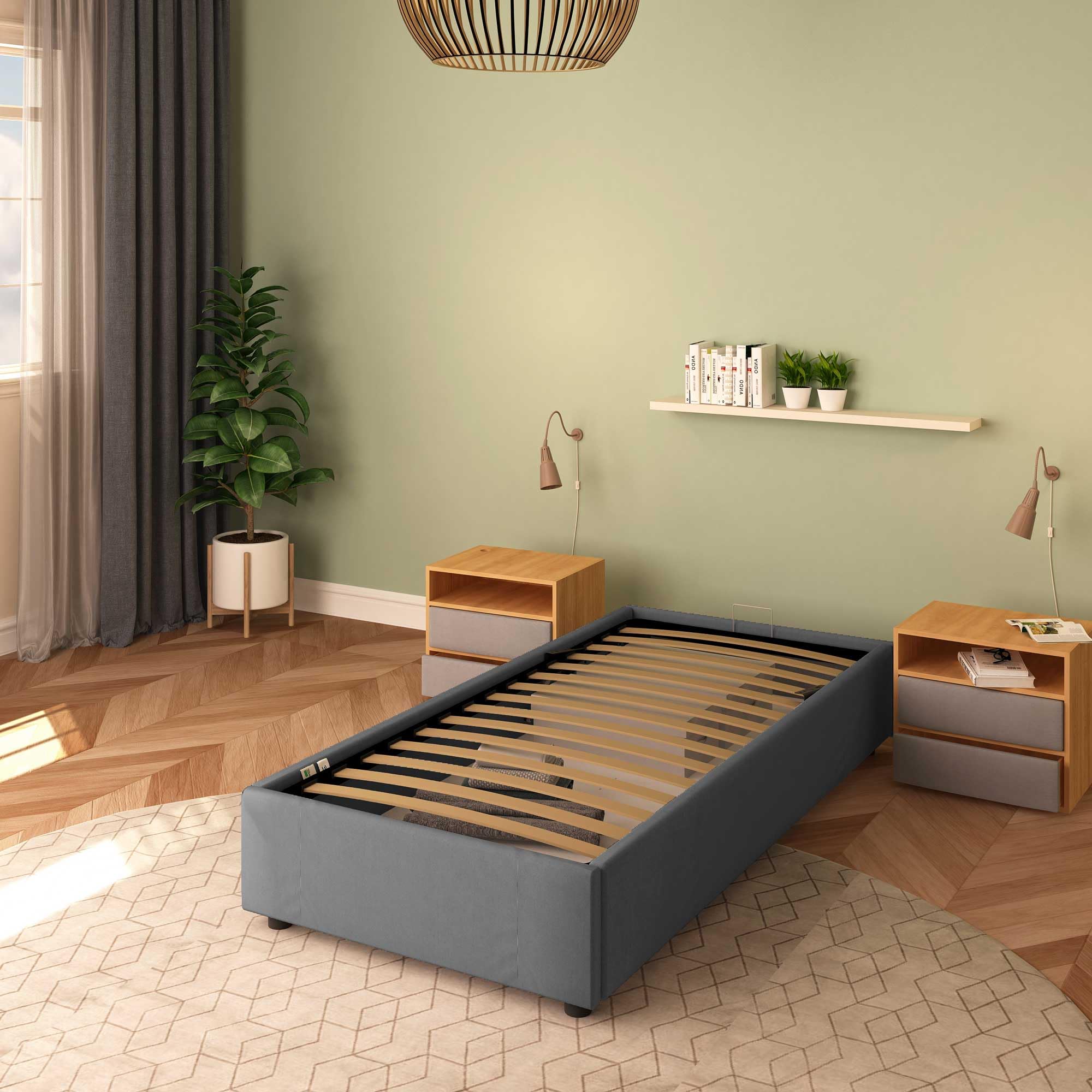 Baldiflex Cloe Square and Half Bed with Fabric Storage Container, No Headboard, Slatted Base for Mattresses, 100 x 200 cm, Anthracite Gray - Perfect for Small Bedrooms, Guest Rooms & Space-Saving Storage Solutions
